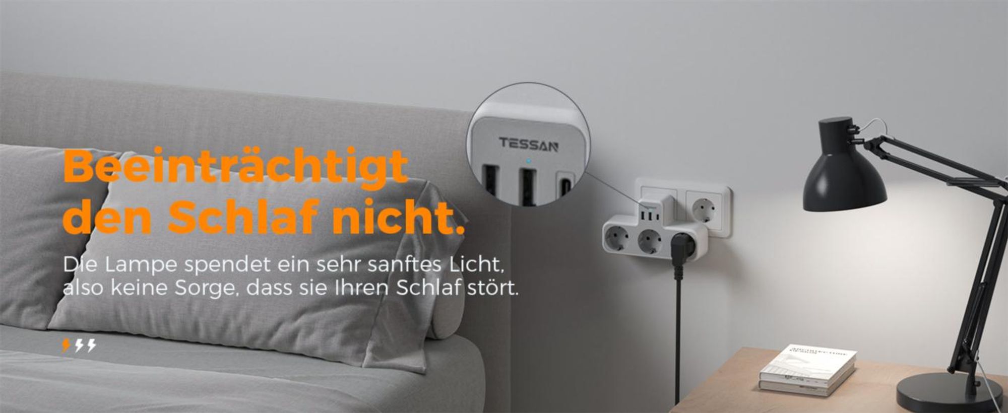 TESSAN Mehrfachstecker mit USB für Steckdose 3 Fach Steckdosenadapter mit 2 USB A und 1 USB C 3600W Mehrfachsteckdose Ladegerät Grau