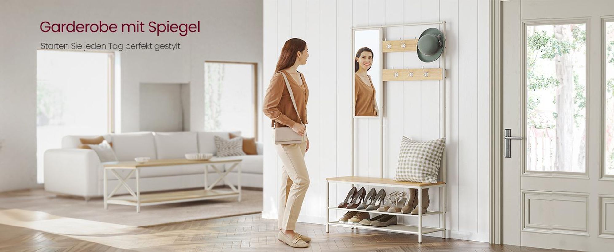 VASAGLE Kleiderständer, Garderobe, Garderobenständer mit Haken, Spiegel, Sitzbank, 35 x 98 x 180 cm, für Eingangsbereich, Schlafzimmer, Wohnzimmer, Industrie-Design, Eichenfarben-Weiß HSR415W01