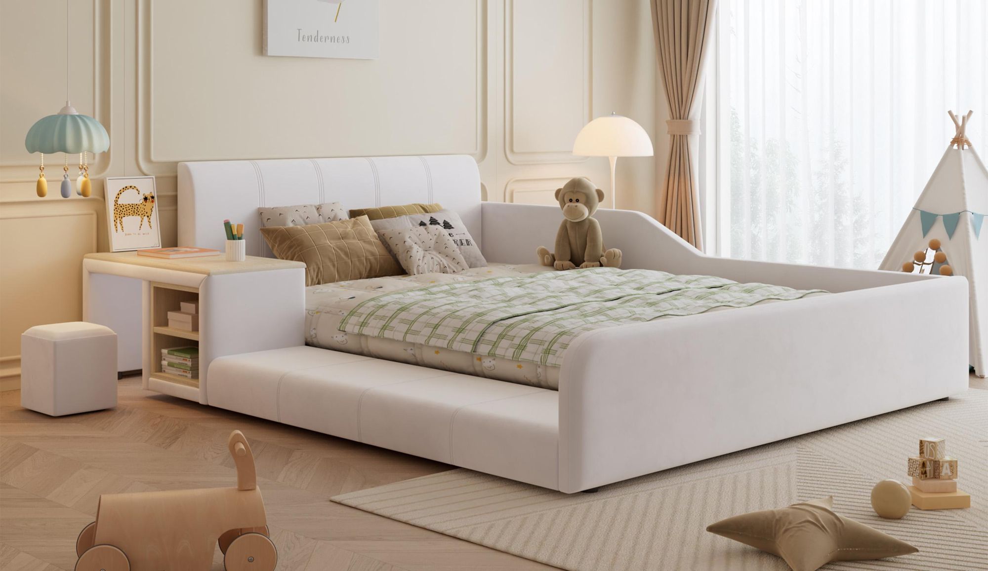 MODFU Kinder-Polsterbett 140x200 Doppelbett mit Lernschreibtisch,Jugendbett mit Hocker und Ablageboden,Kinderbett Bettgestell mit Holzlattenrost und weichem Kopfteil,ohne Matratze,Weiß