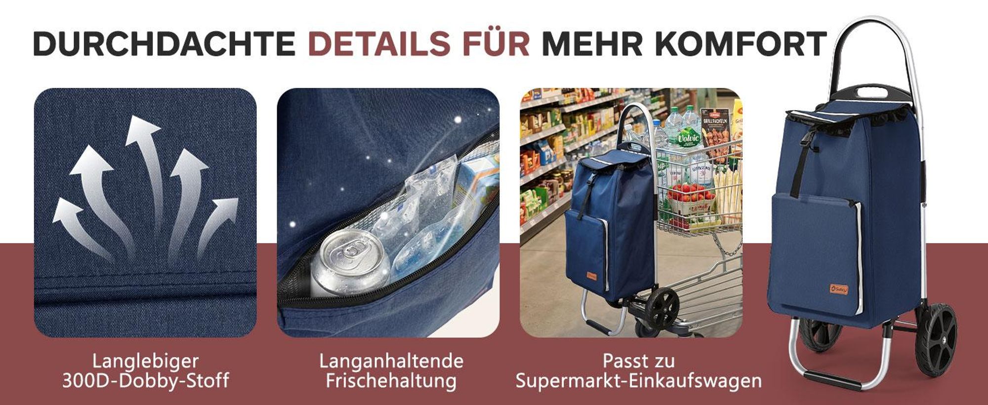 Sekey 50L Aluminium Trolley Faltbar Einkaufstrolley Klappbar, Shopping Trolley, Rucksack, Kühlfach - Blau