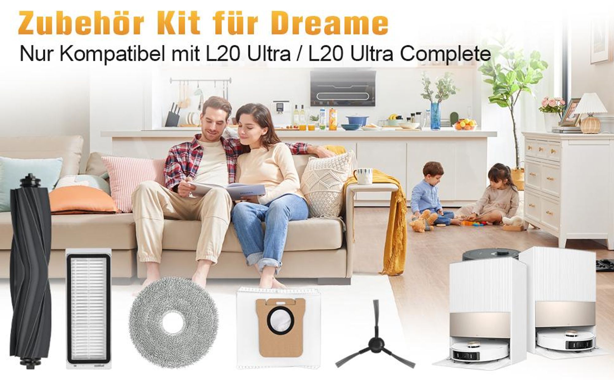 Zubehör für Dreame L20 Ultra / L20 Ultra Saugroboter mit 2 Hauptbürste, 4 Staubbeutel, 6 Seitenbürsten, 4 Wischtücher, 4 Filter, 1 Reinigungsbürste