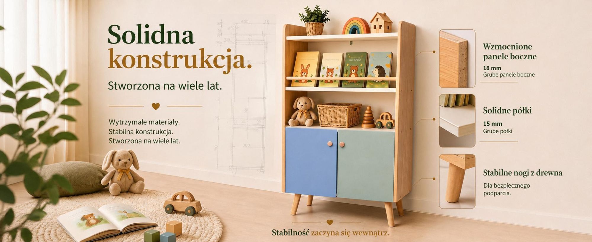 Półka na książki dla dzieci ALVIX NESTA 4 z 2 drzwiczkami, regał Montessori dla dzieci z półką na książki, półką na zabawki i szafką do przechowywania, wyposażona w zabezpieczenie przed przewróceniem