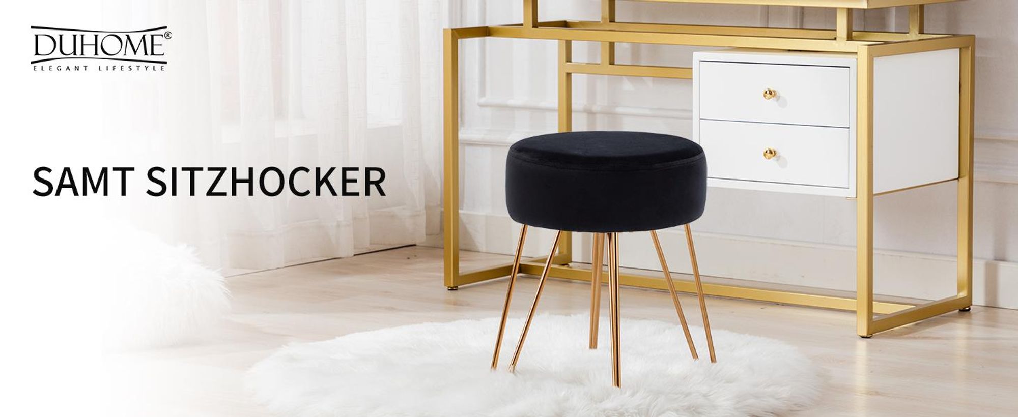 Duhome Sitzhocker Rund Polsterhocker aus Samt Hocker Schminktisch mit Metallbeine, Schwarz