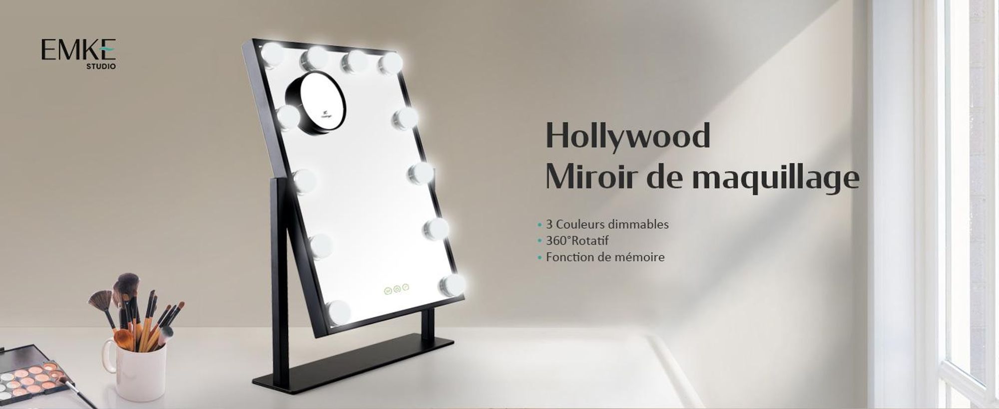 EMKE Hollywood Miroir de courtoisie 85x364x475mm avec miroir grossissant 7x, noir Miroir de courtoisie avec écran tactile intelligent et 3 couleurs de lumière, 12 lampes LED à intensité variable, pivotant à 360° et fonction mémoire