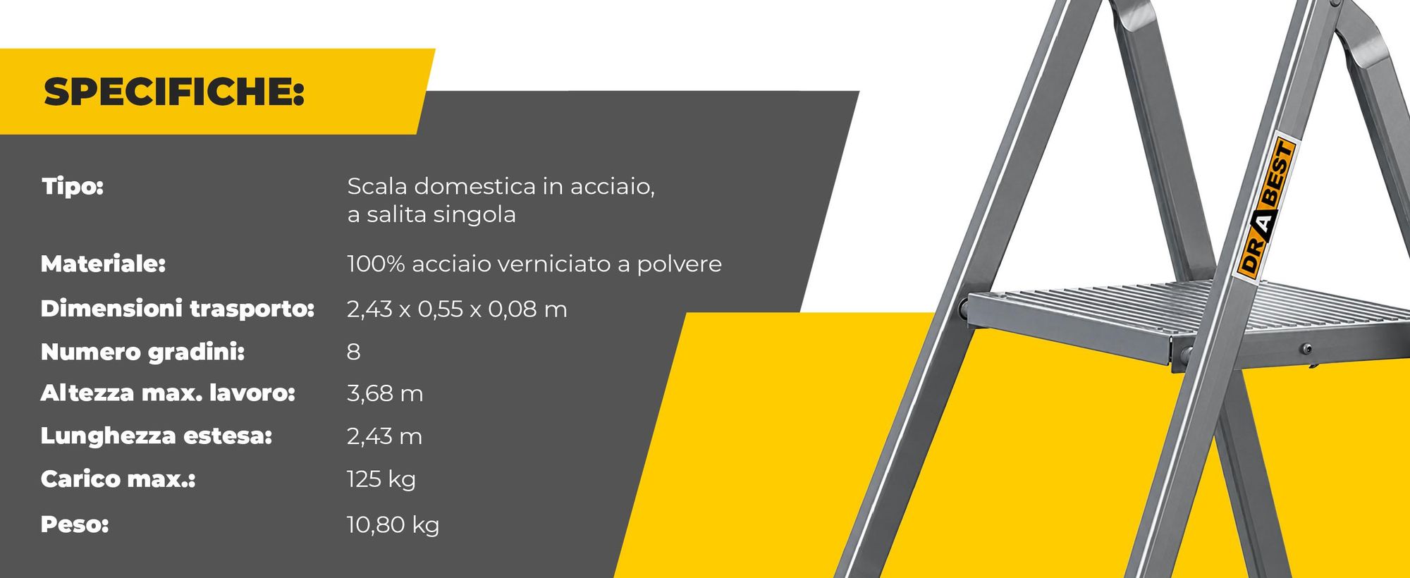 DRABEST | scala in acciaio, scala per uso domestico, scala a 8 gradini, scaletta pieghevole, in acciaio, universale, fino a 125 kg