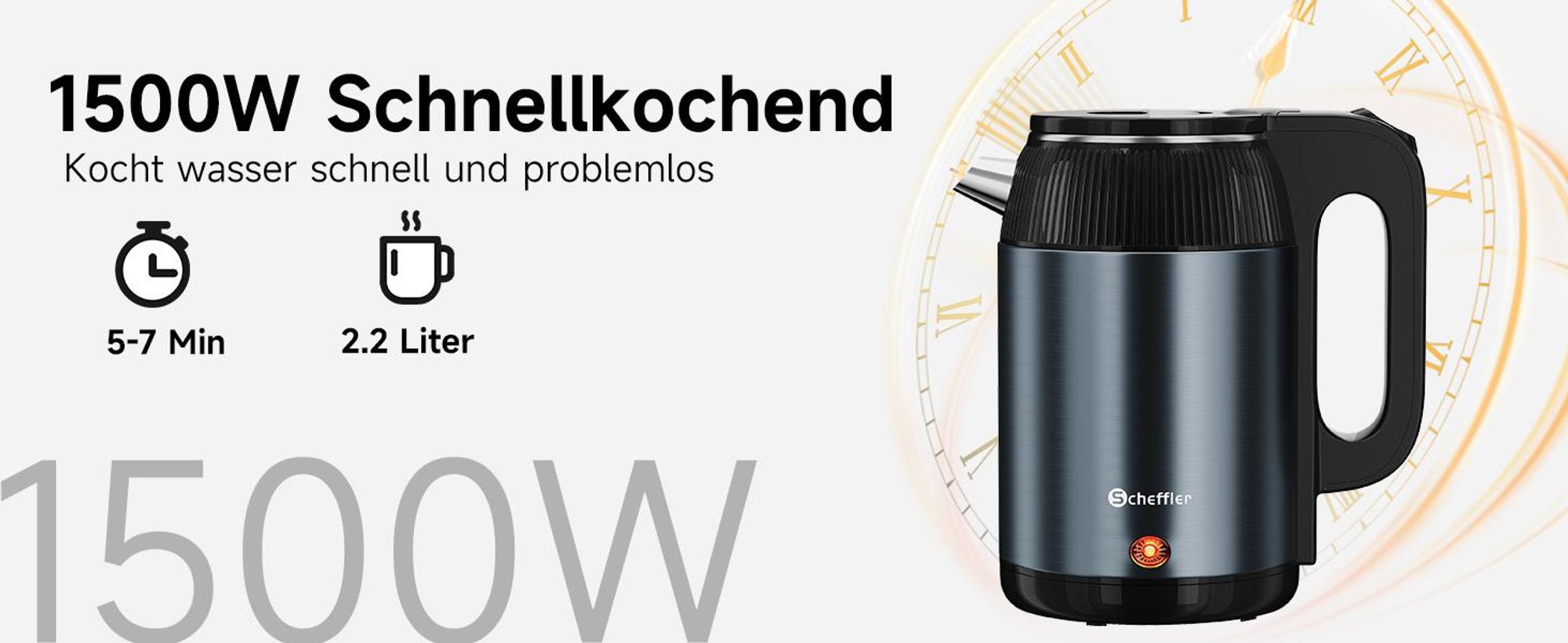 SCHEFFLER Wasserkocher Edelstahl 2,2 Liter Elektrischer Wasserkocher 1500W Teekocher, BPA Frei, Trockengehschutz Auto-Off LED-Anzeigele, Blau