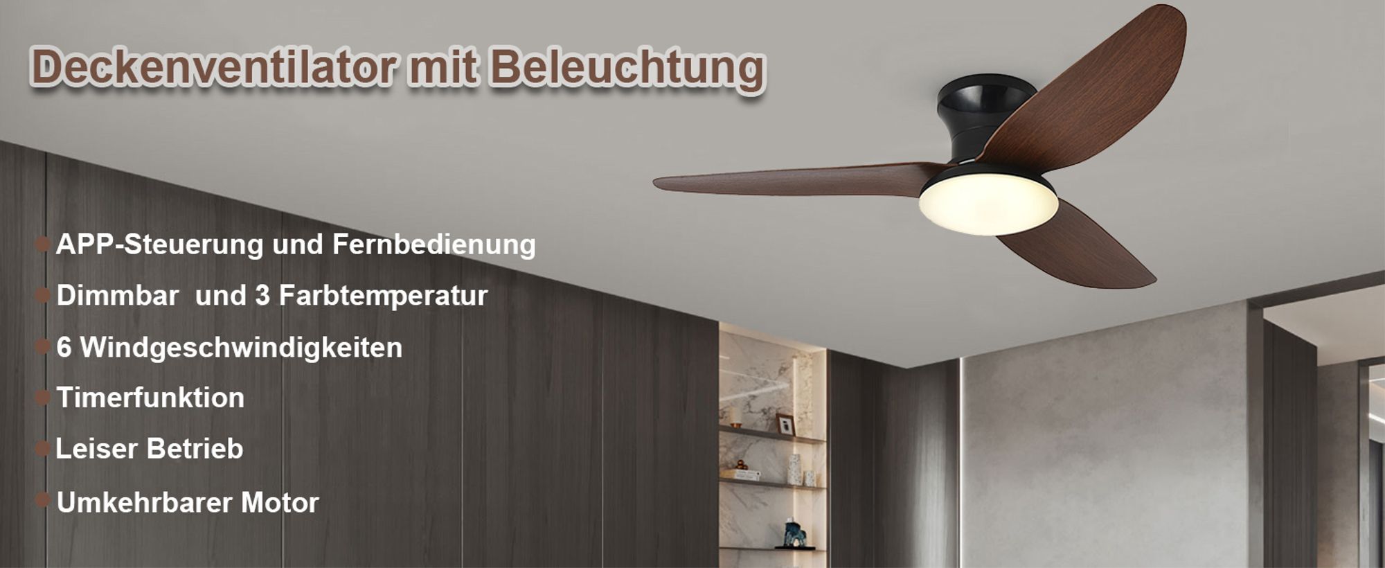 100cm Deckenventilator mit Beleuchtung und Fernbedienung DC Motor 3 Farbtemperatur Dimmbar 6 Stufen APP-Steuerung
