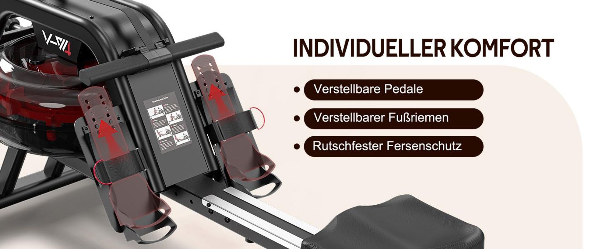 VOWVIT Wasser-Rudergerät mit Bluetooth, leise, 6 Stufen, 160 kg, 3 Rollen, Tank, bis 210 cm