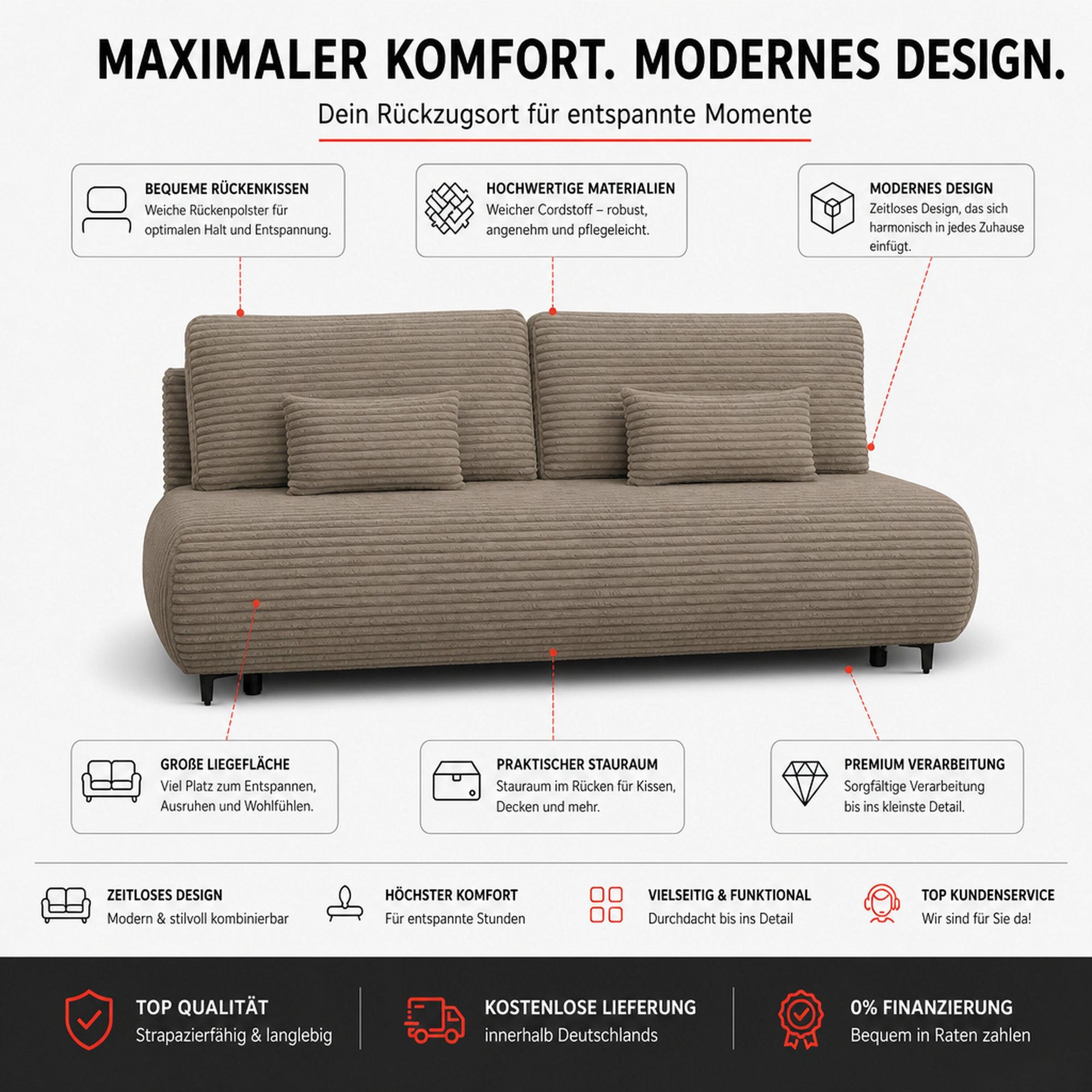 VENASI ETNA Polstersofa mit Schlaffunktion und Bettkasten Couch Sofa Cord Bettsofa Schlafsofa Grün