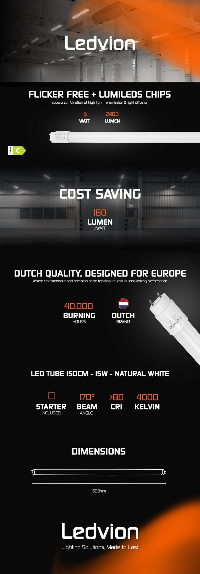 Ledvion 25er Set LED Röhre 150cm 15W 2400lm 4000K