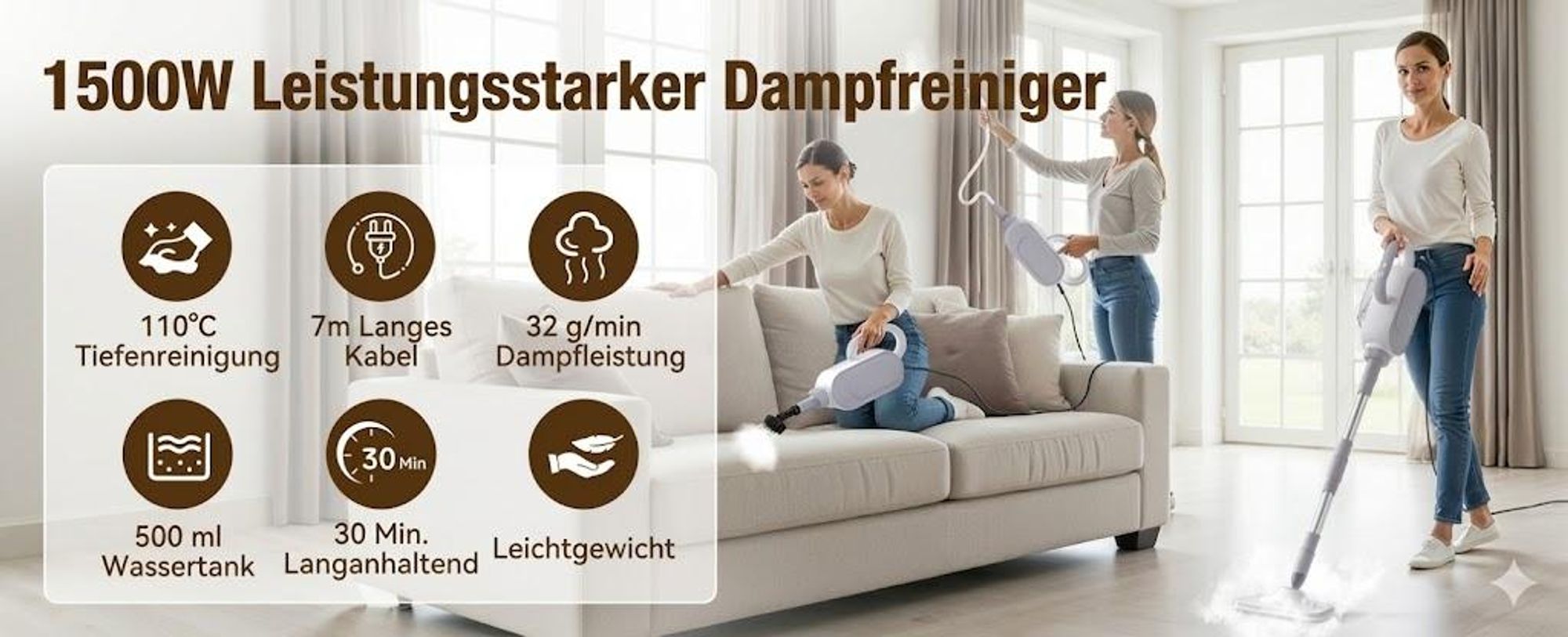 13-in-1 Dampfbesen & Dampfreiniger, 20s Aufheizung, 3 Stufen, 1500W Multifunktions Dampfmopp mit 500ml Tank & 7m Kabel für Böden Teppiche Fenster Glas