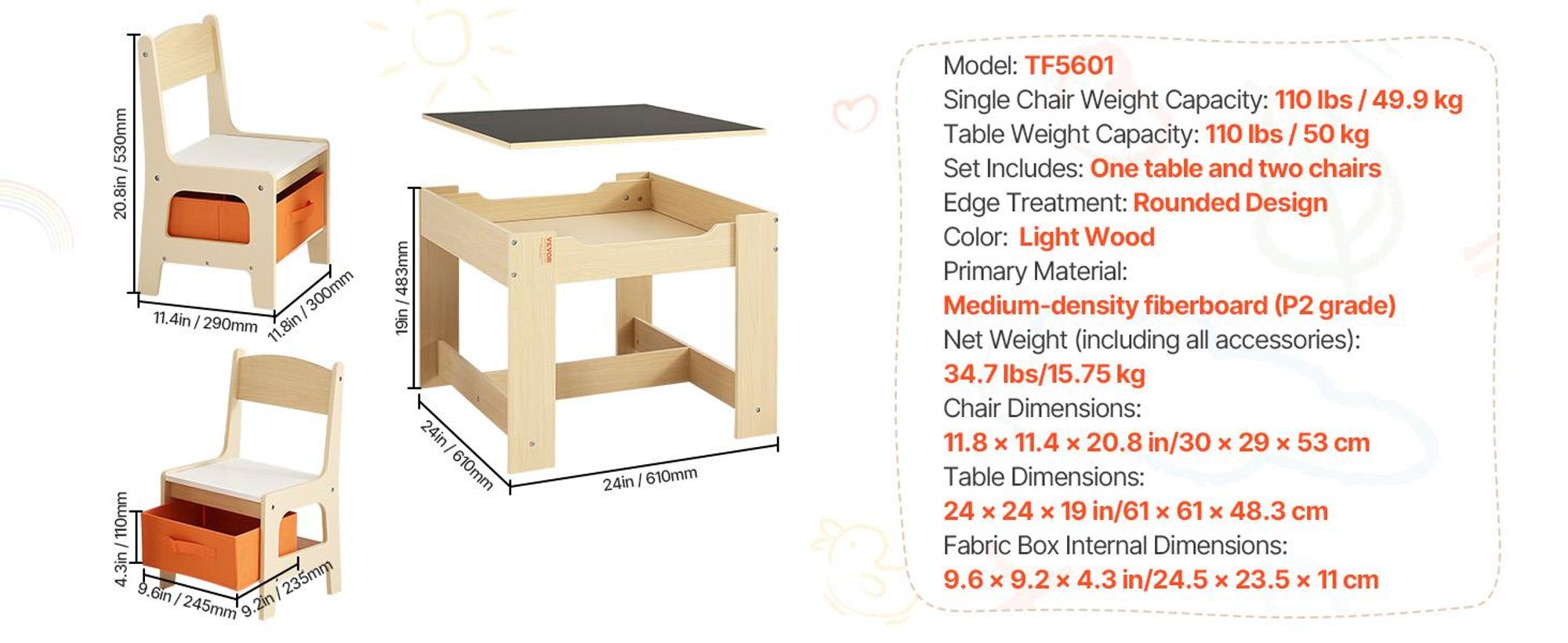 VEVOR Kinder Tisch- und Stuhlset, Holz-Aktivitätstisch mit Stauraum und Boxen, Spieltisch für Kleinkinder zum Malen, Basteln, Lesen, Lernen, Kreidetafel Tisch mit 2 Stühlen-a, Naturholzton