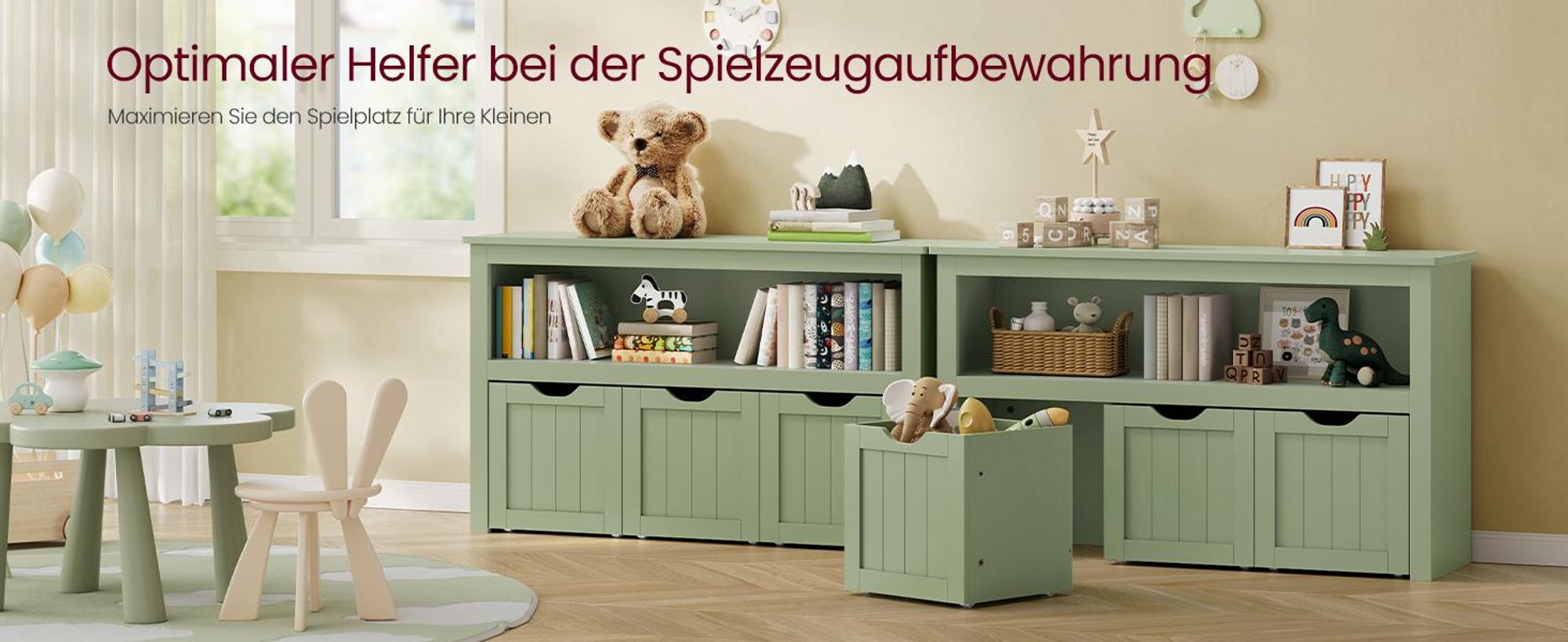 VASAGLE Spielzeugregal mit Rollen, Aufbewahrungsschrank, 30 x 102 x 60 cm, grün