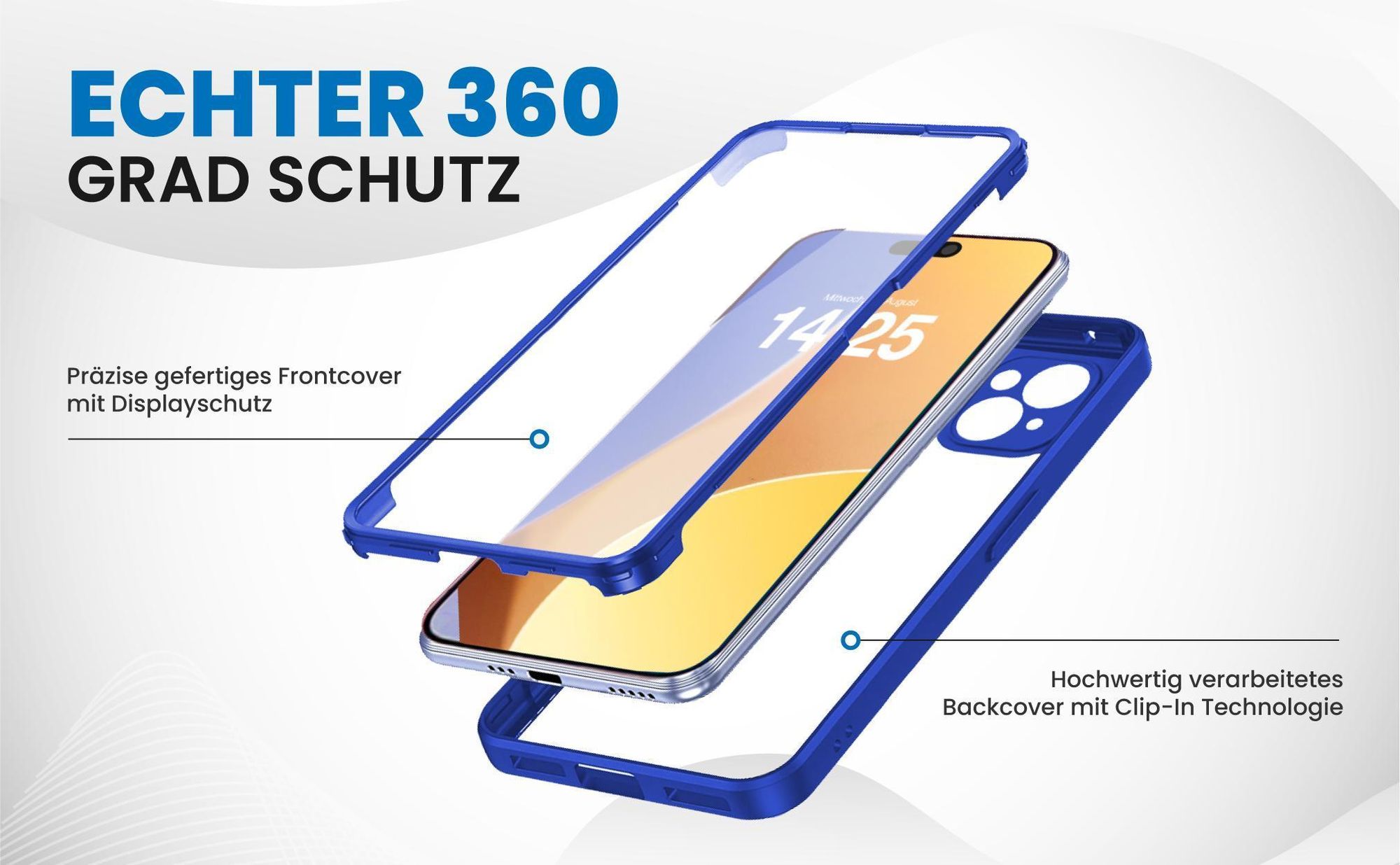 Blaues 360 Grad Case für Apple iPhone 15 mit Schutz von beiden Seiten