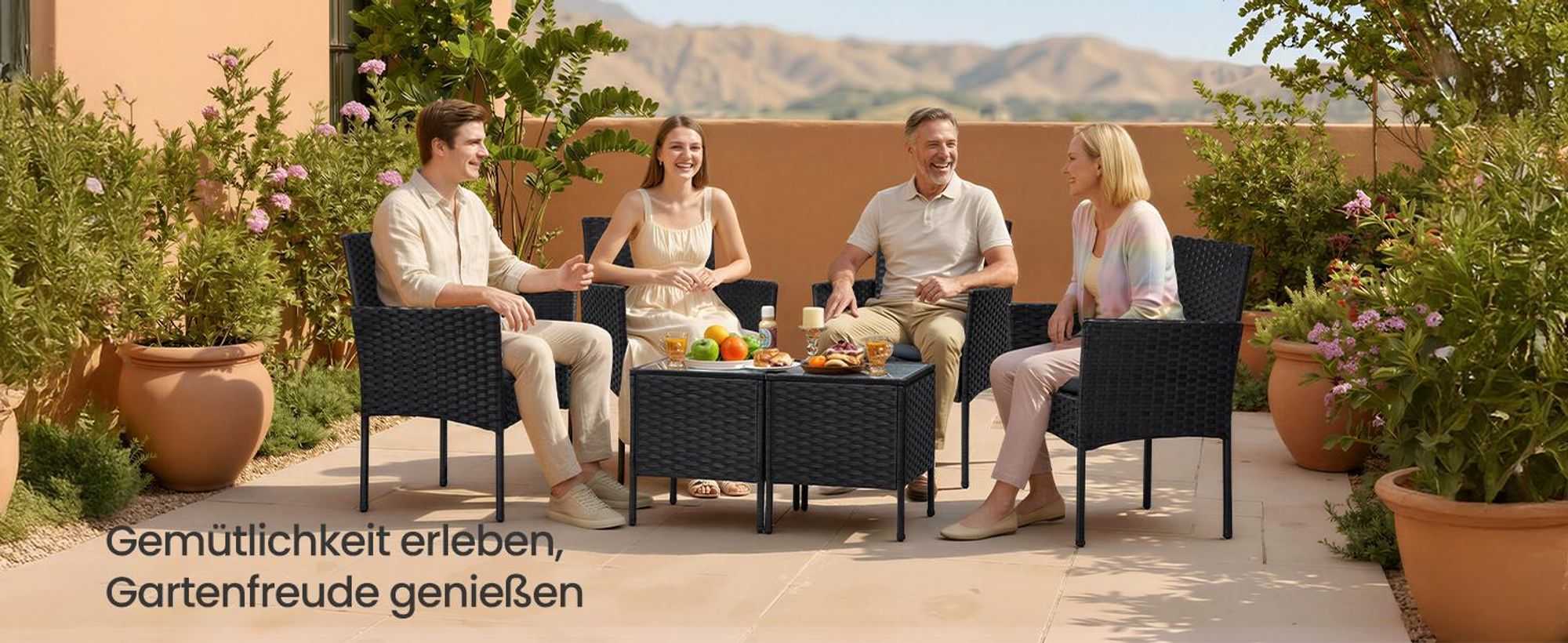 SONGMICS (3-tlg) Balkonmöbel, Gartenlounge-Set, aus PE-Polyrattan, Tisch und 2 Stühle, schwarz-grau