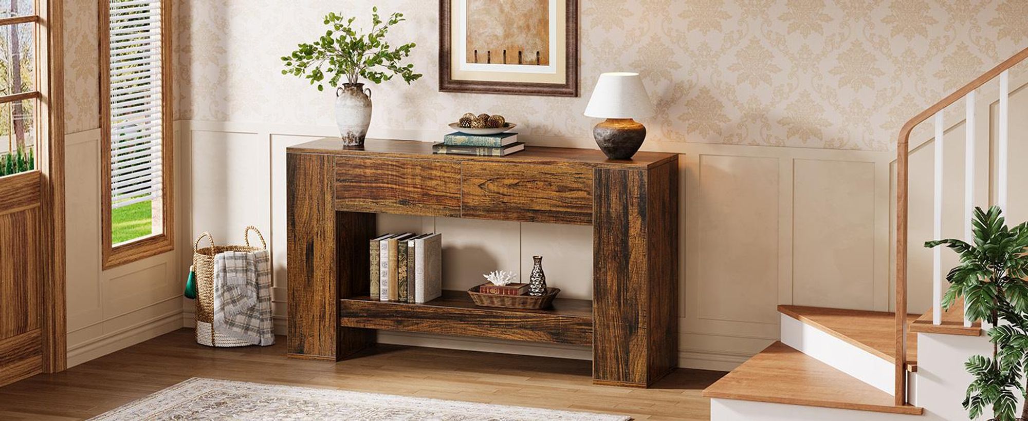 Consolle Tribesigns con 2 cassetti, 140 cm, tavolino da divano in legno dietro il divano, consolle da ingresso a 2 livelli per ingresso, corridoio, soggiorno, disimpegno