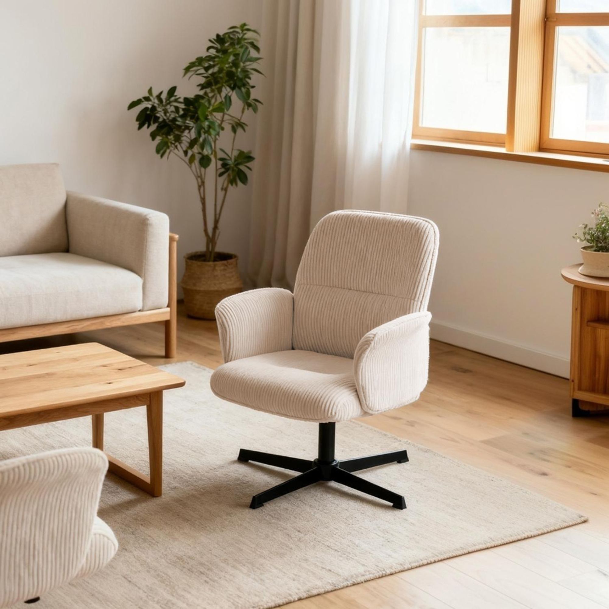 Meubles Cosy Ergonomischer verstellbarer Drehstuhl mit Armlehnen aus beigem Cord – THOMASINA