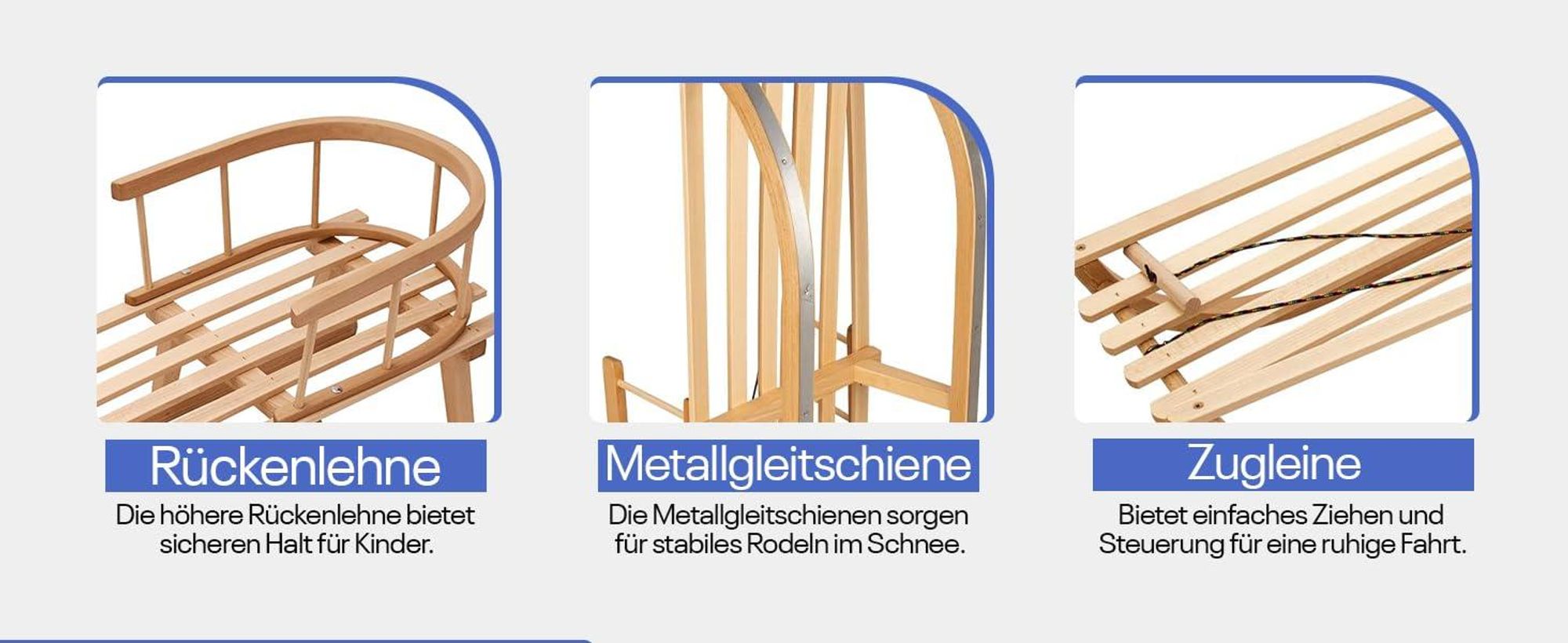 Best For Kids Holzschlitten für Kinder mit Rückenlehne┃Kinderschlitten aus Holz mit Zugseil & Gurt┃Stabiler Holzschlitten für Kinder & Erwachsene