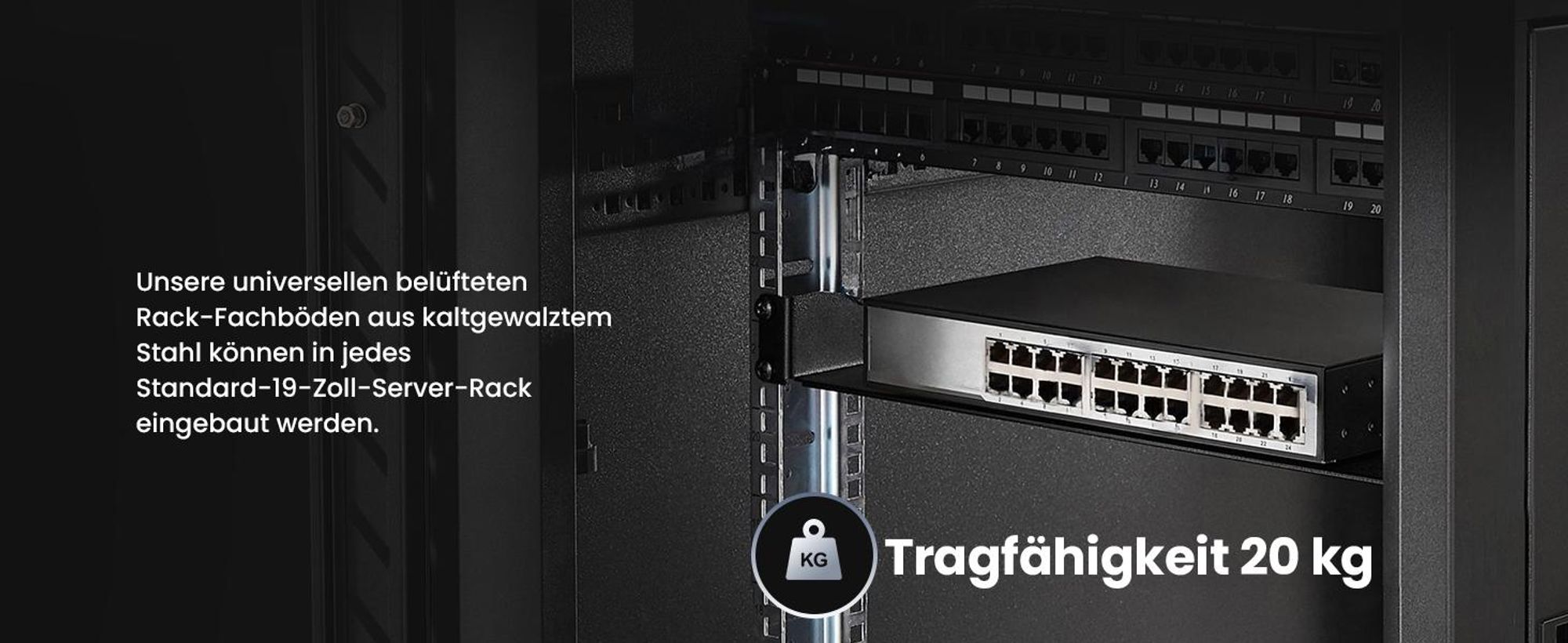 Extralnik 19 Zoll Fachboden 1HE 300 mm Rackboden für Netzwerkschrank 19" Schwarz