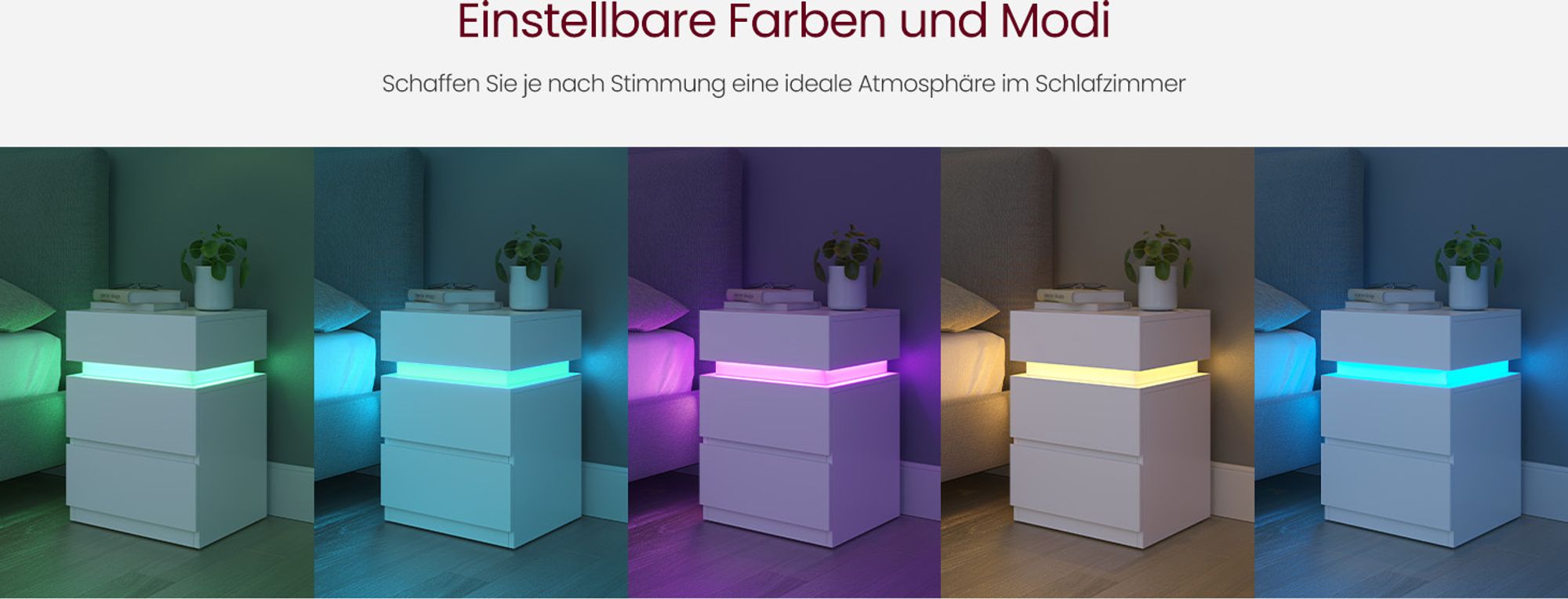 VASAGLE Nachttisch mit LED-Beleuchtung, mit 3 Schubladen, weiß, 2 St.