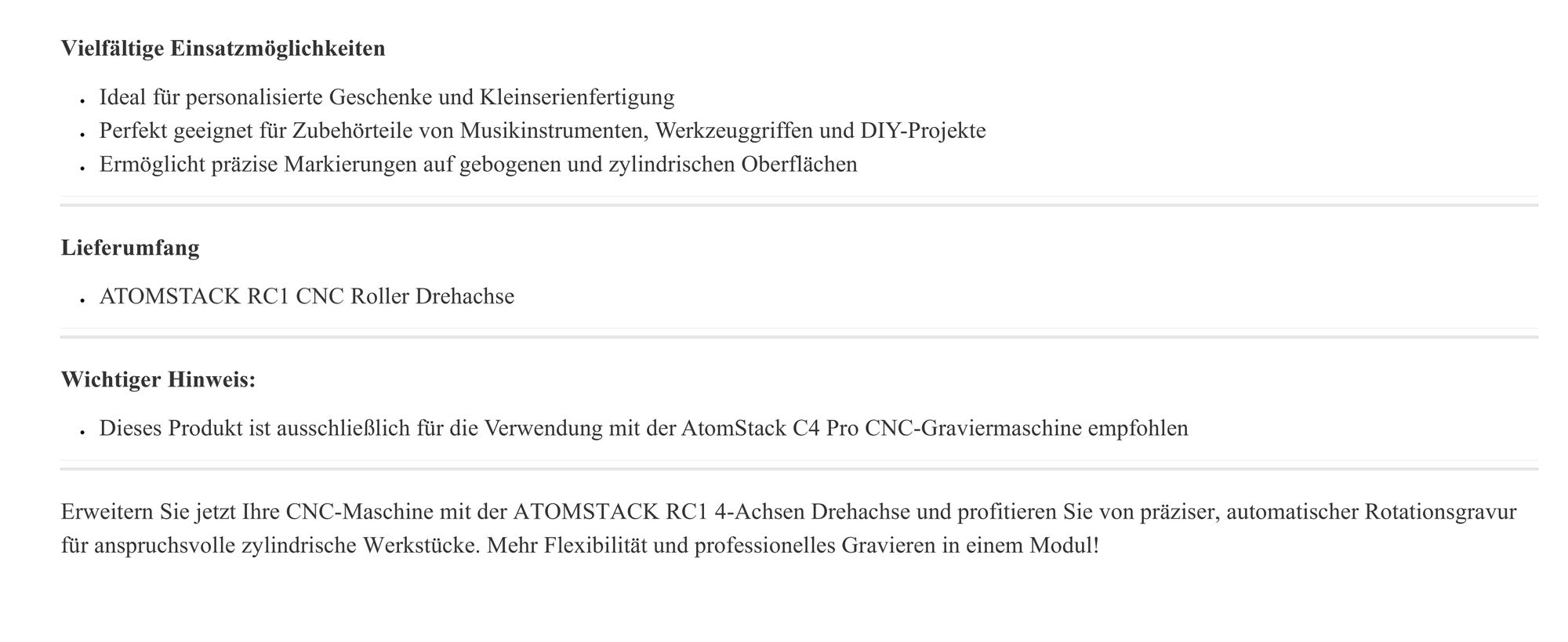 ATOM STACK RC1 4-Achsen Drehachse für C4 PRO CNC Fräsmaschine, präzise Rotationsgra-vur von zylindrischen Werkstücken