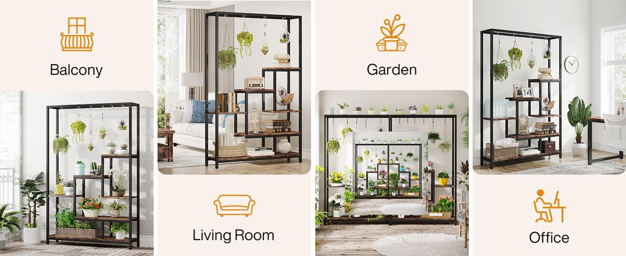 Tribesigns Porte-fleurs, Étagère pour plantes à 5 niveaux avec 10 crochets en S, 180cm de haut Porte-plantes en métal Étagère pour fleurs pour balcon intérieur Salon (Marron)