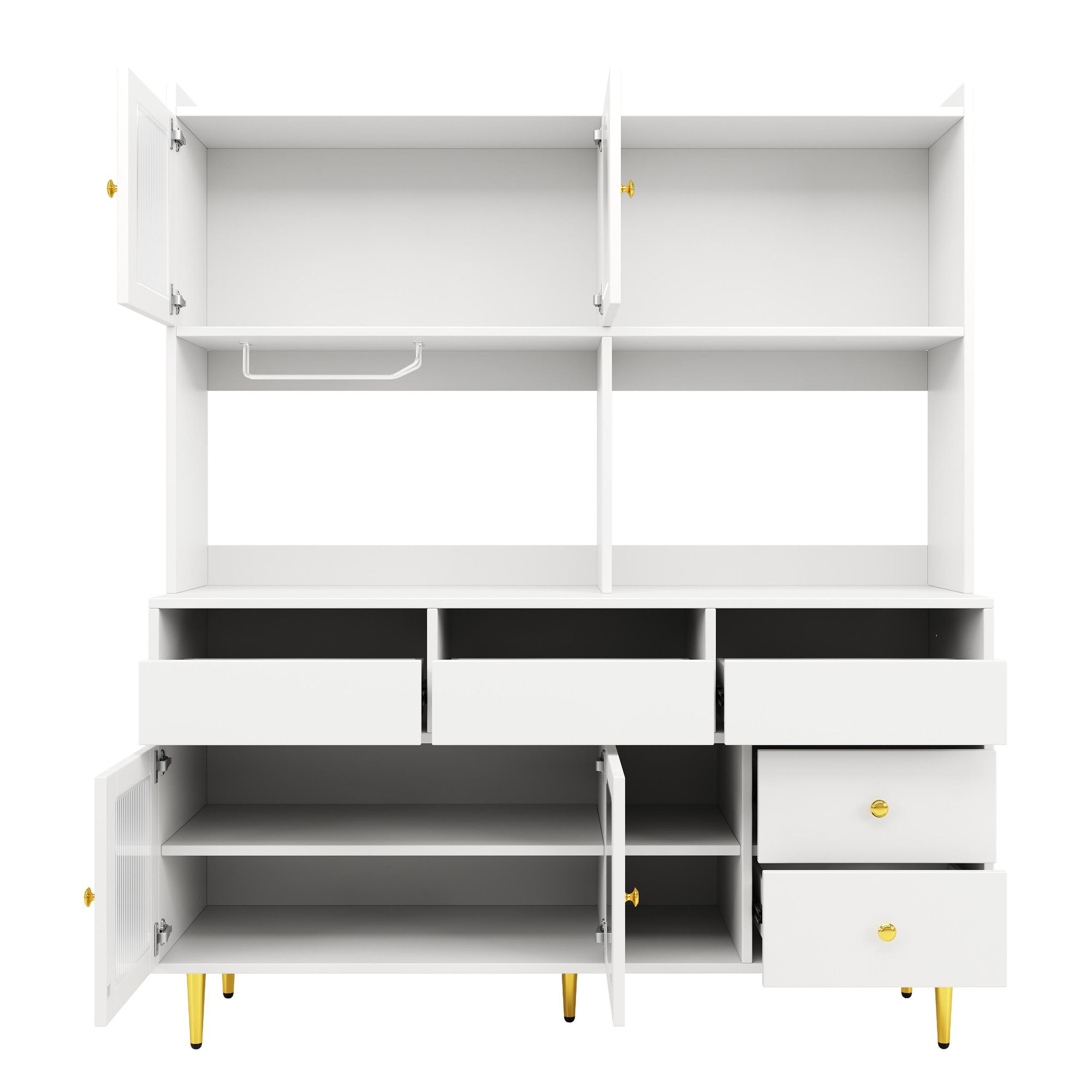 Flieks Küche Hochschränke Küchenbuffet mit Glastür, Küchenschränke Buffet mit Weingestell, Buffetschrank Highboard mit Offenen Staufächern, Weiß