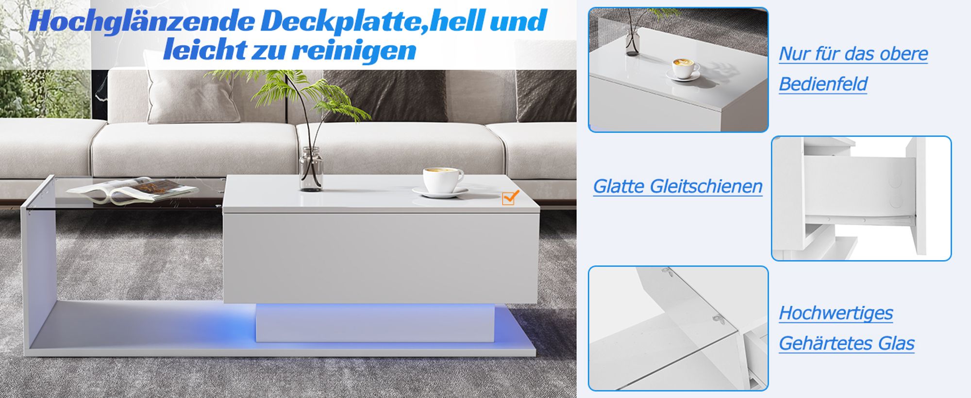 MODFU Couchtisch Wohnzimmertisch mit LED-Hochglanz für Wohnzimmer,Schlafzimmer,Sofatisch Beistelltisch Rechteckiger mit Glasplatte und Schubladen,Weiß