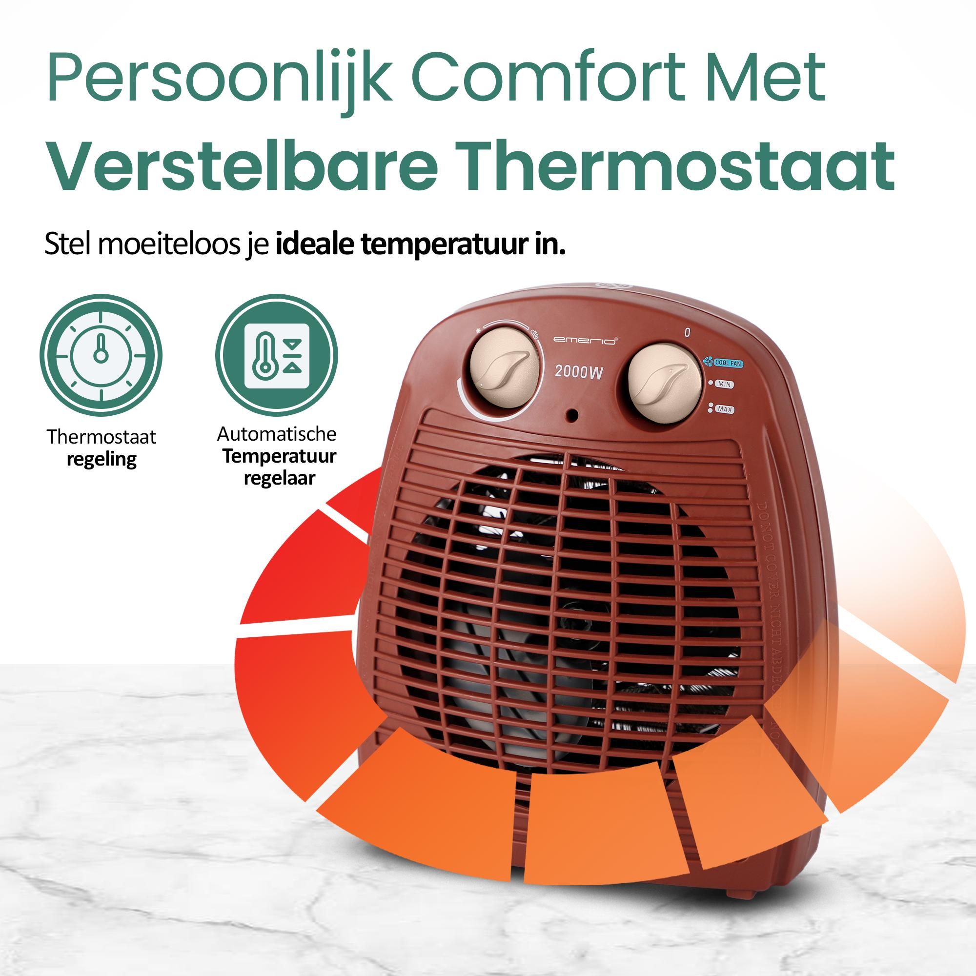 Emerio Ventilatorkachel – 25 m² – 2 Standen – Ventilatiefunctie – Instelbare Thermostaat – Indicatielampje – Omvalbeveiliging – Rood – FH-106737.13