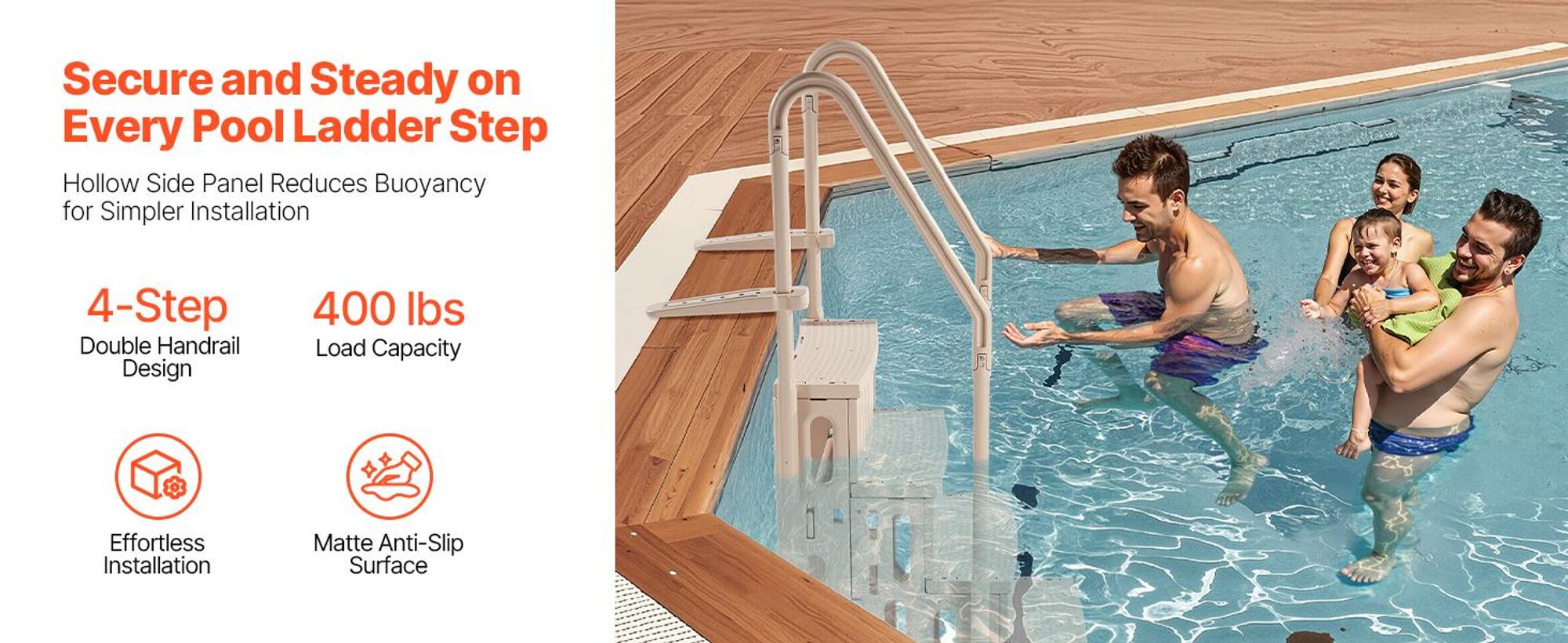 VEVOR Schwimmbadleiter, 4-stufige Treppe mit Doppelhandlauf und rutschfesten Hochleistungsstufen, maximale Tragkraft 181 kg, für 122–137 cm große Pools mit jeder Terrassenoberfläche, Taupe