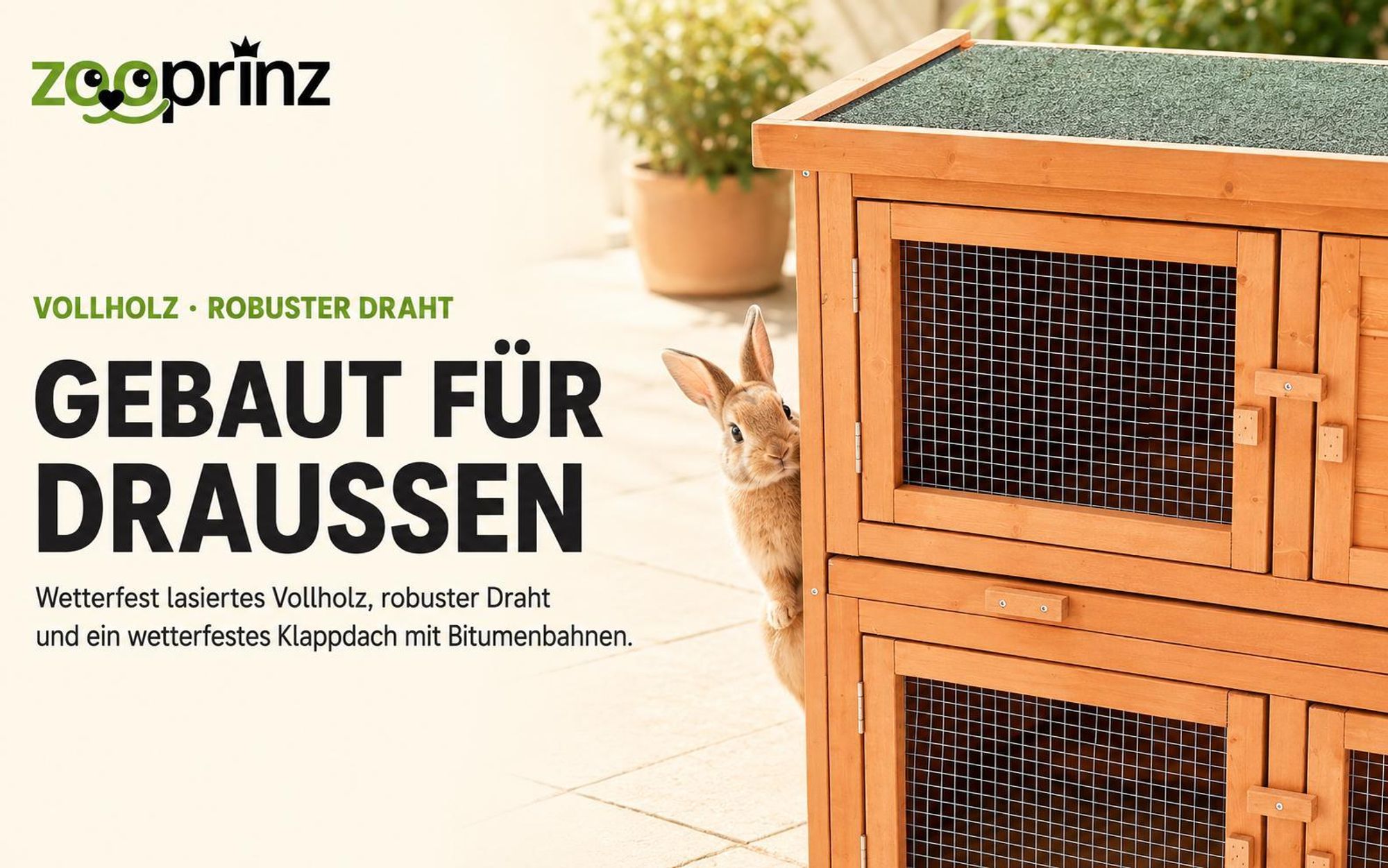 zooprinz Hasenstall Mukkel Wetterfest 2-Etagen Klappdach lasiertes Massivholz 104x94x55cm (BxHxT)