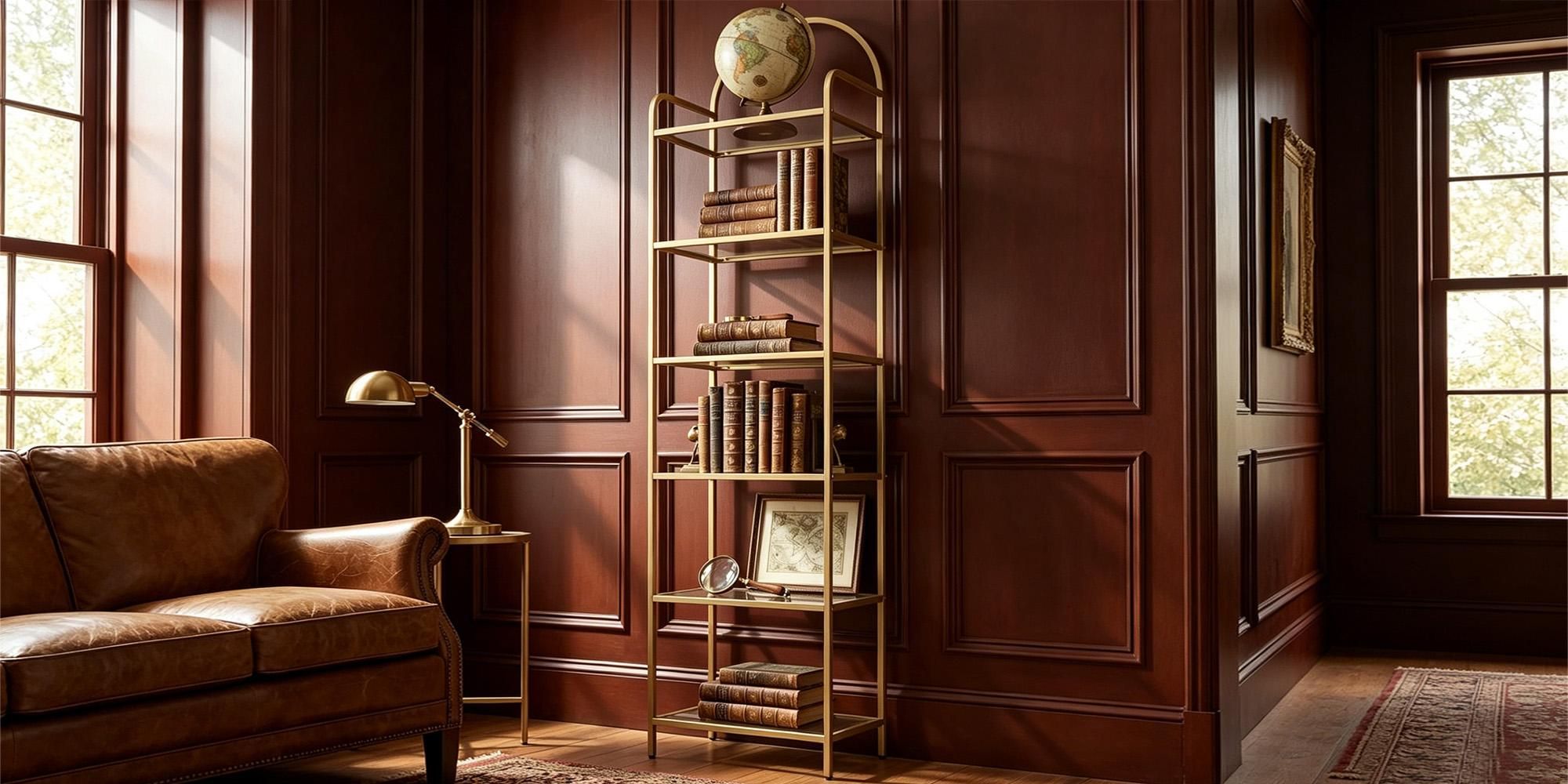 Regal, Bücherregal aus gehärtetem Glas, schlankes Regal für Schlafzimmer, Badezimmer, Heimbüro, Stahlrahmen, 6 Ablagen Gold