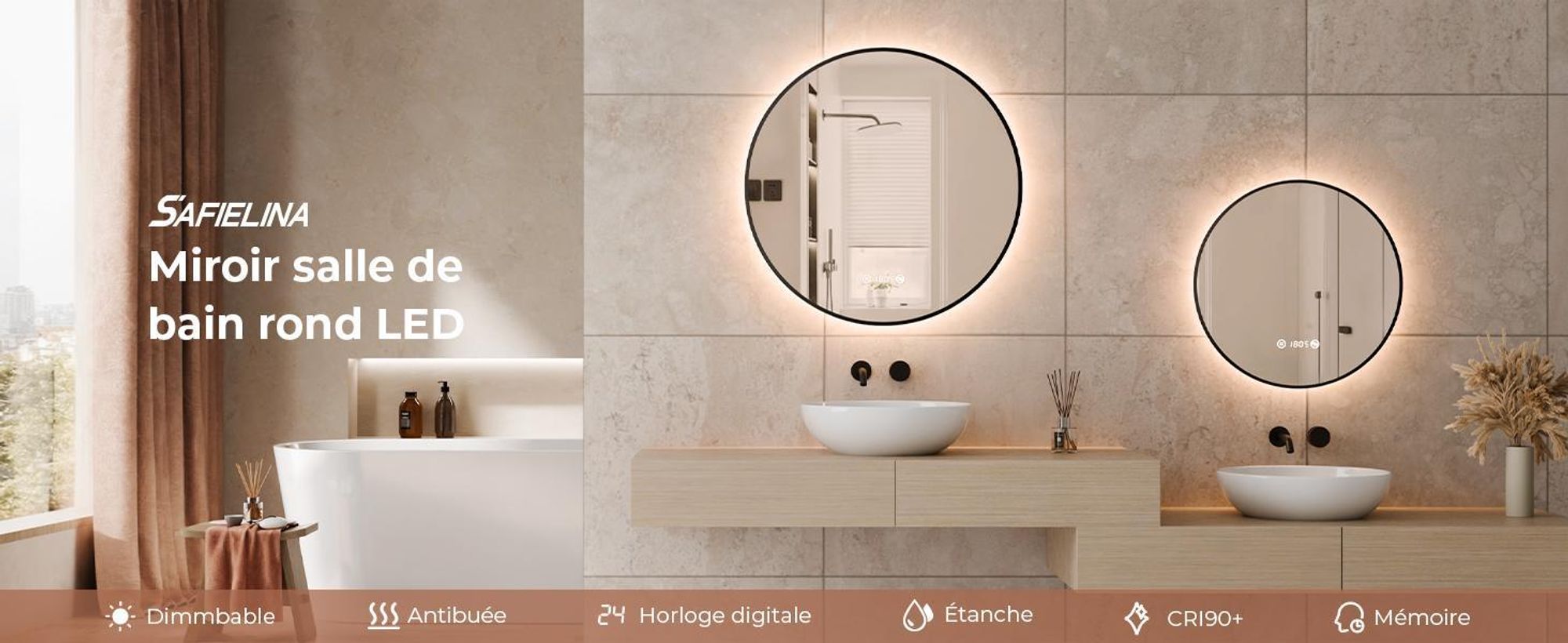 S'AFIELINA miroir salle de bain LED 80 cm rond, tactile, anti-buée, variateur, horloge, température, mémoire, bordure noire