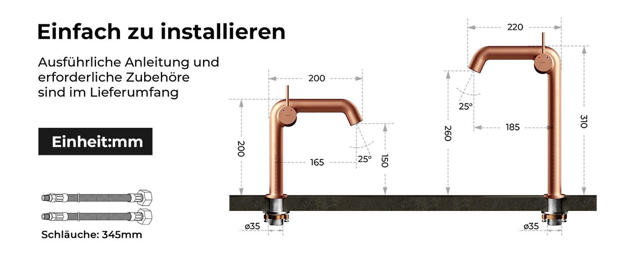 EMKE Einhebel-Waschtischarmatur, Badarmaturen 222x200x76mm  G3/9", Wassersparend, Korrosionsschutz, Bleifreies Messing, Rosengold
