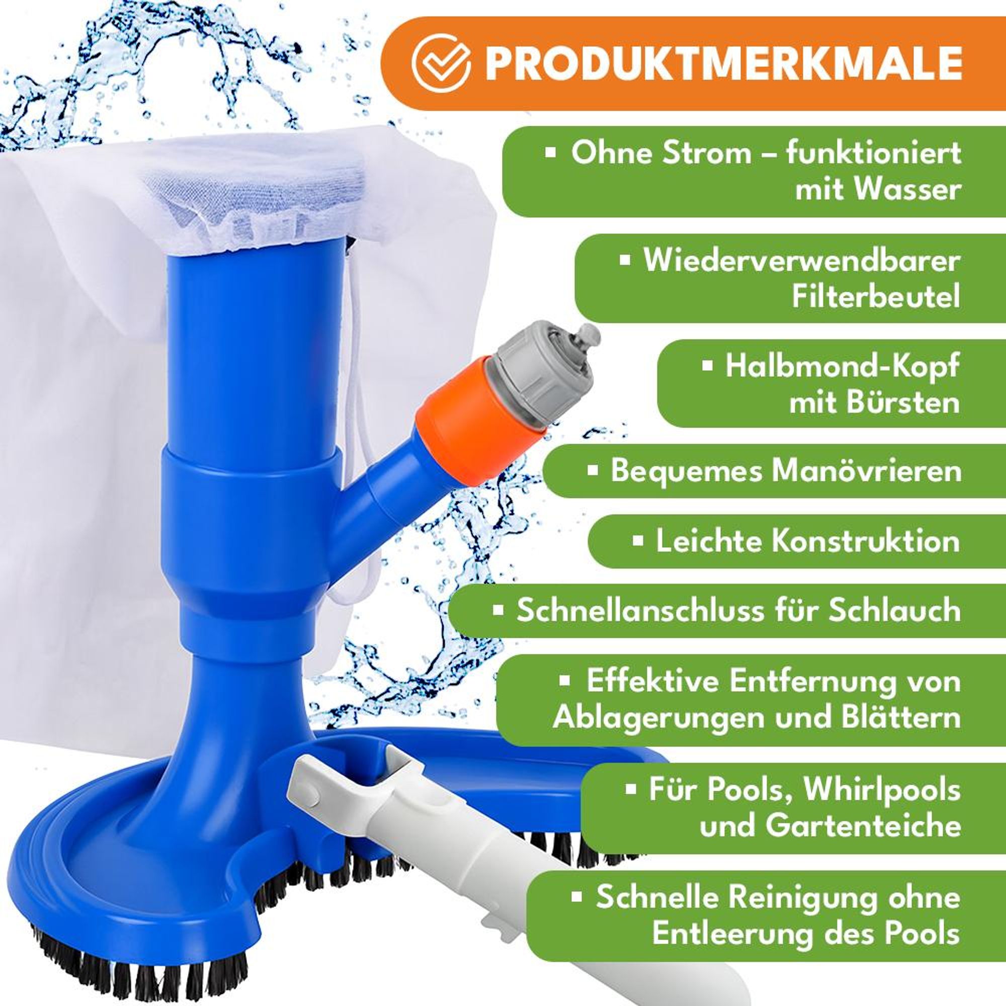 KRUMAD Poolsauger Halbmond ohne Strom, mit Filterbeutel, Bürste, Gartenschlauchanschluss, für Pool, Teich, Whirlpool, Zubehör