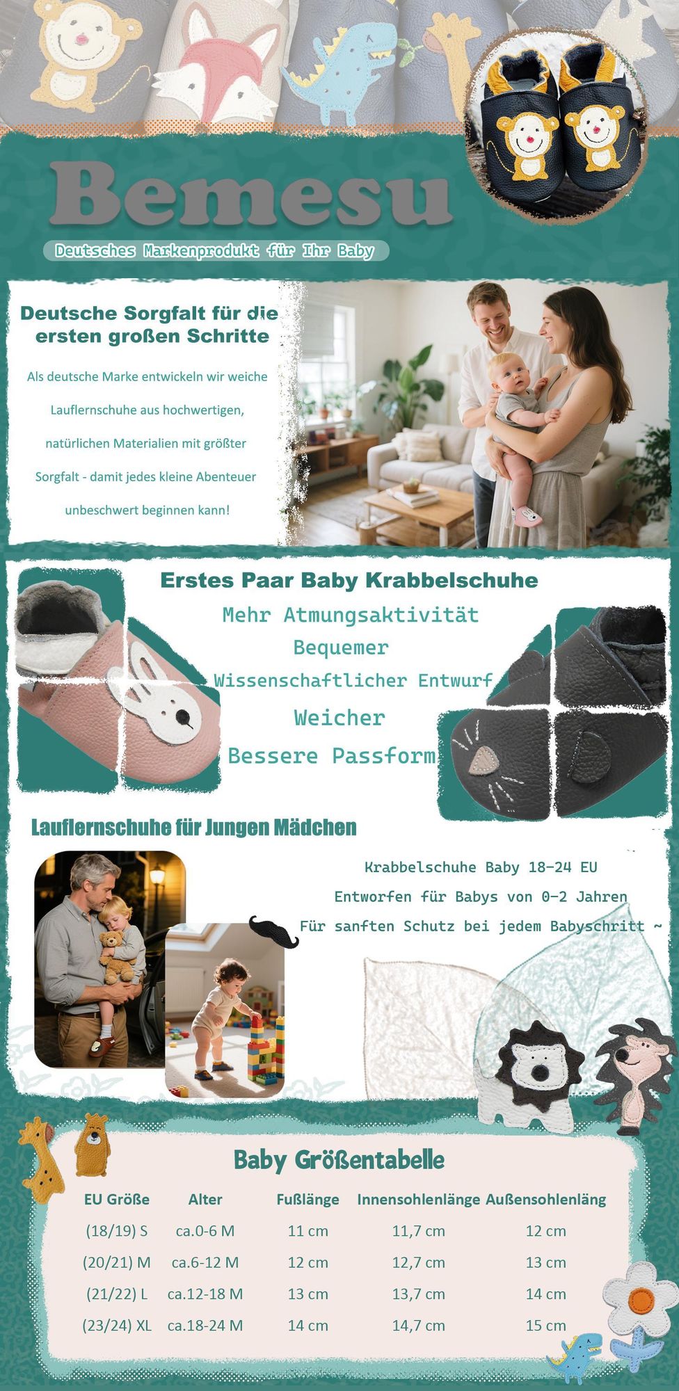 BEMESU® Baby Krabbelschuhe aus Echtleder,weiche Lauflernschuhe für Mädchen&Jungen,rutschfeste Ledersohle,Dunkelblau,Giraffenmotiv,Größe L(12-18Monate)