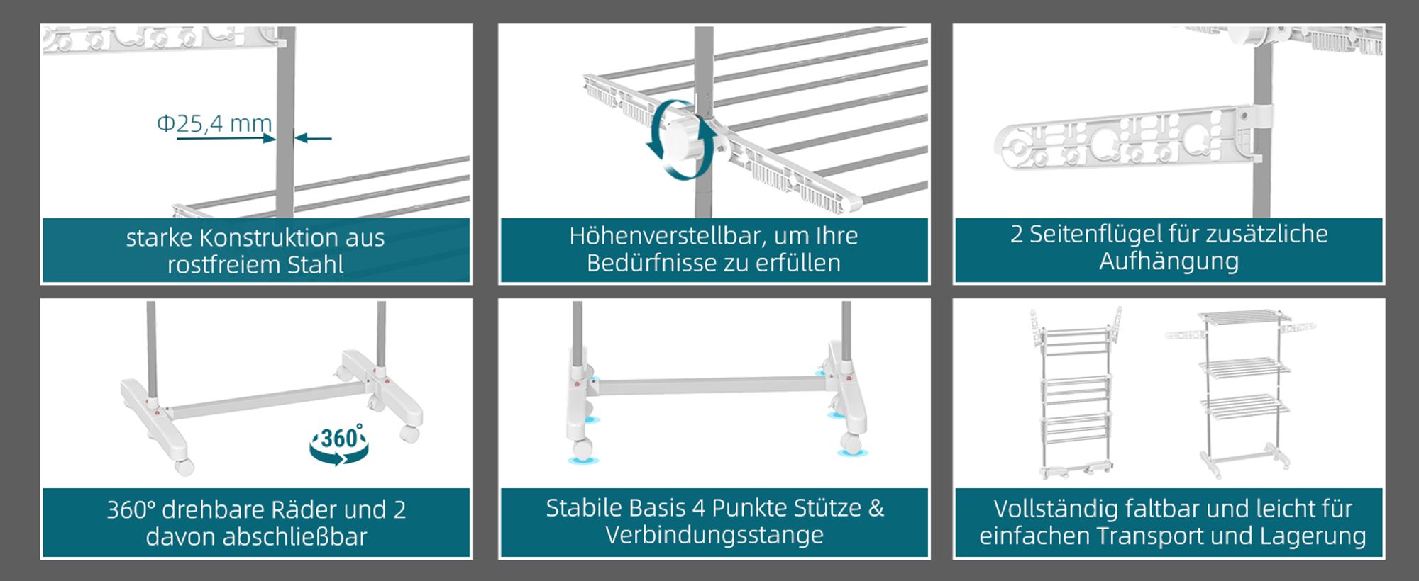 Mobiler Wäscheständer Wäschetrockner-Turm Seitenflügel auf 3/4 Ebenen klappbar