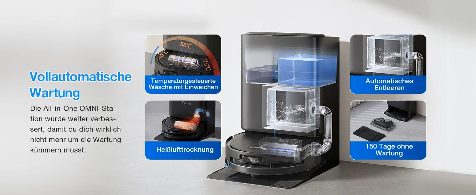 ECOVACS DEEBOT T80S Omni 24.800 Pa Saugroboter mit 2pcs Original-Reinigungslösung, Staubsauger Roboter mit Wischfunktion, Heißlufttrocknung, Schwarz