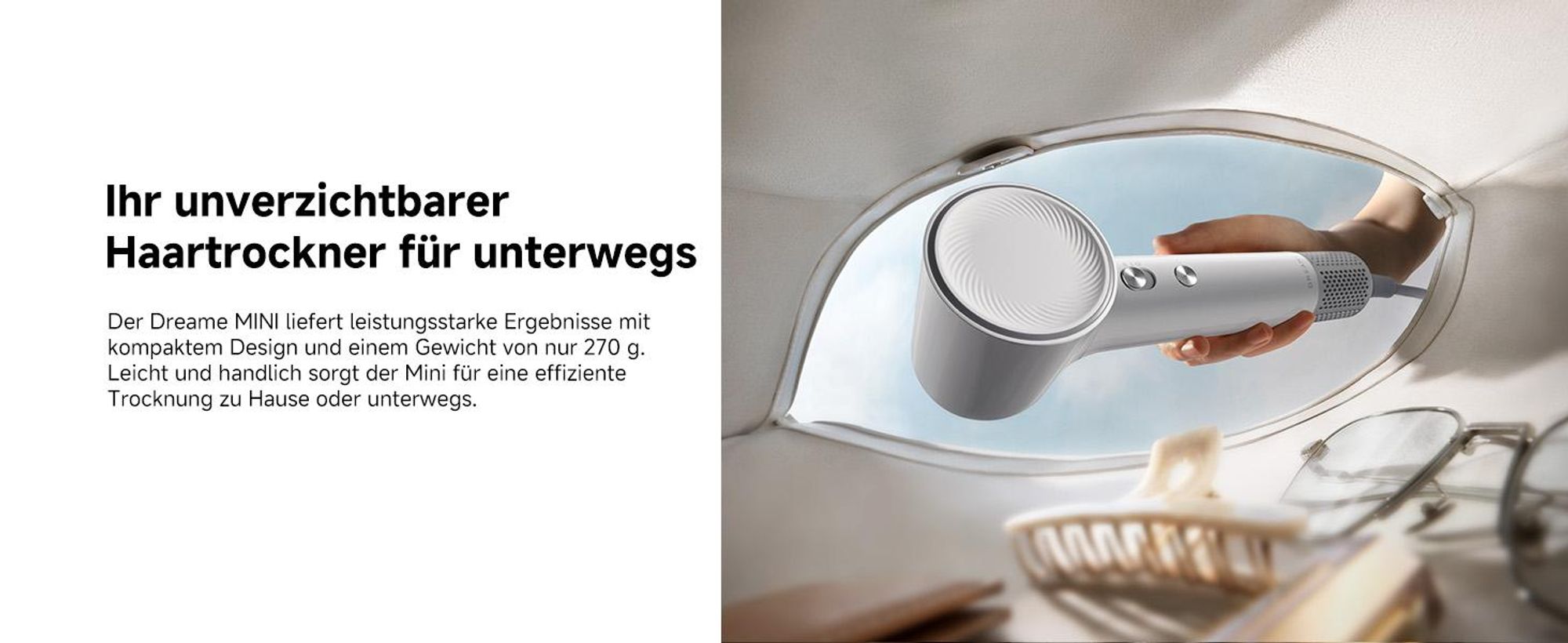 Dreame Mini Haartrockner, Temperaturregelung in 5 Stufen, Kindermodus 40°C, negative Ionisierung, 1200W, schnelle Trocknung 70m/s, 73dB, 270g, weiß