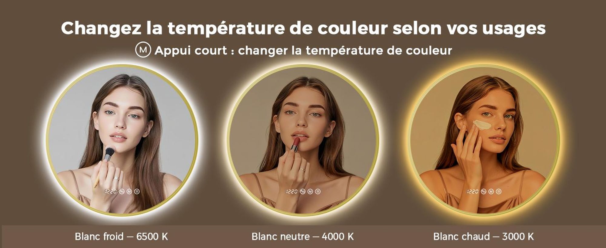 S'AFIELINA Miroir Salle de Bain LED Rond 70 cm avec Éclairage, cadre doré, 3 températures de couleur, variateur, antibuée, horloge & température