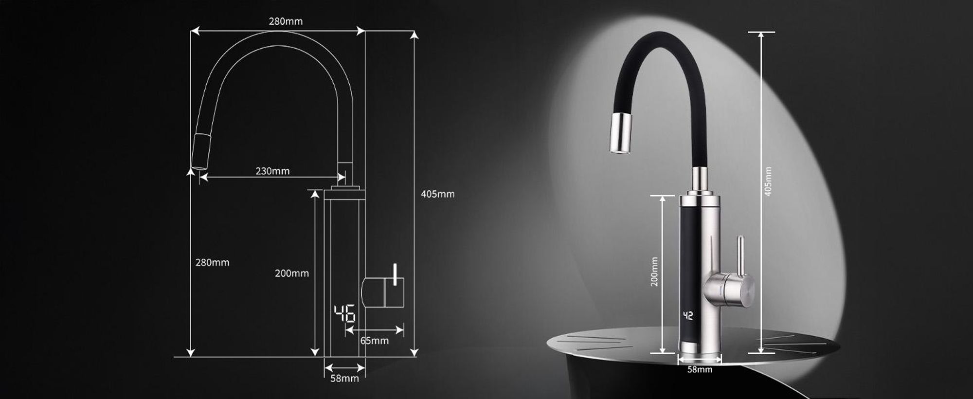 Homelody Elektrischer Wasserhahn mit Durchlauferhitzer 220V 3300W, Armatur Küche 304 Edelstahl mit 360° Flexibler Schlauch LED Temperaturanzeige