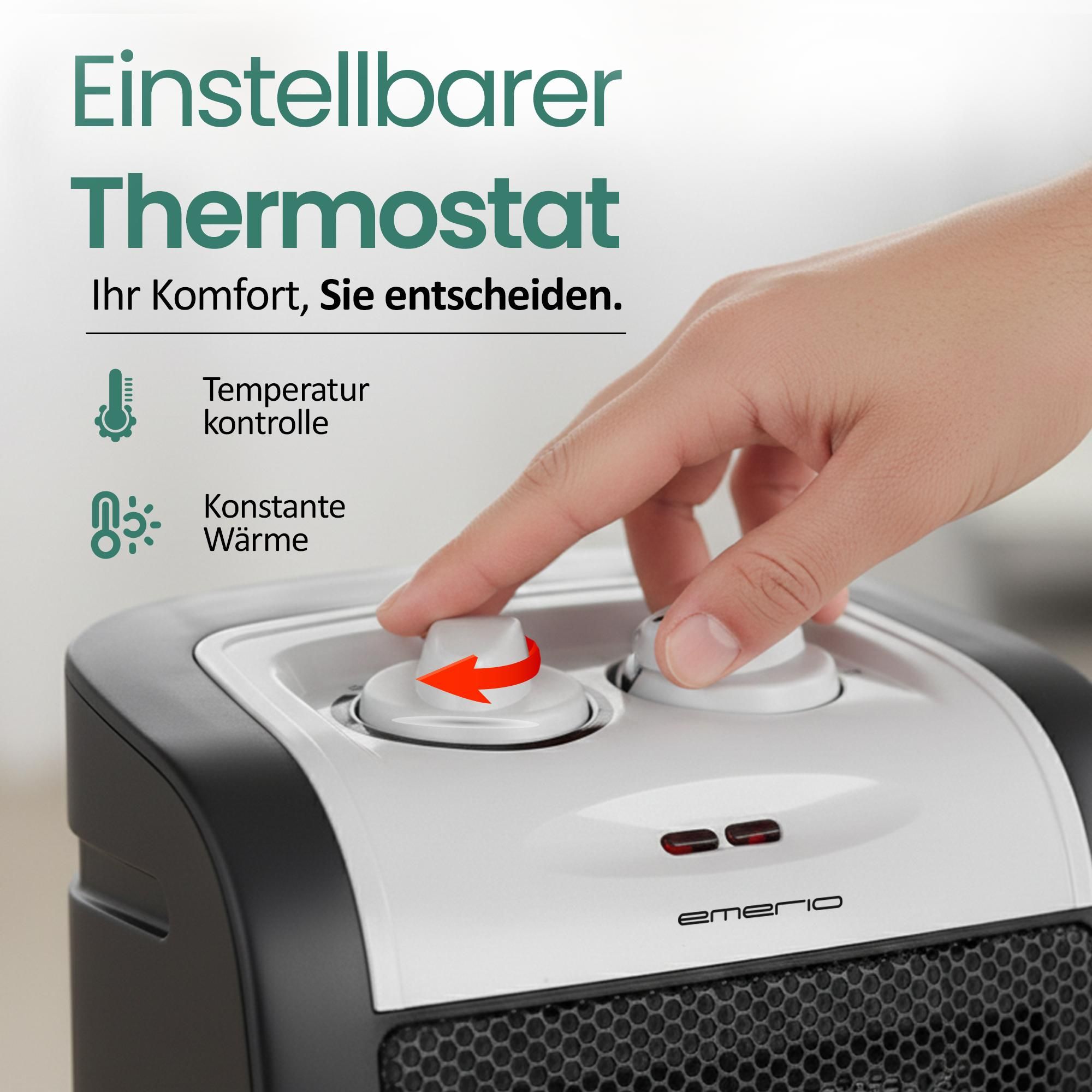 Emerio PTC-Heizlüfter FH-106145 – 20m² – 2 Heizstufen – einstellbarer Thermostat – Kontrollleuchte – Ventilationsfunktion – Kippschutz – 1800W