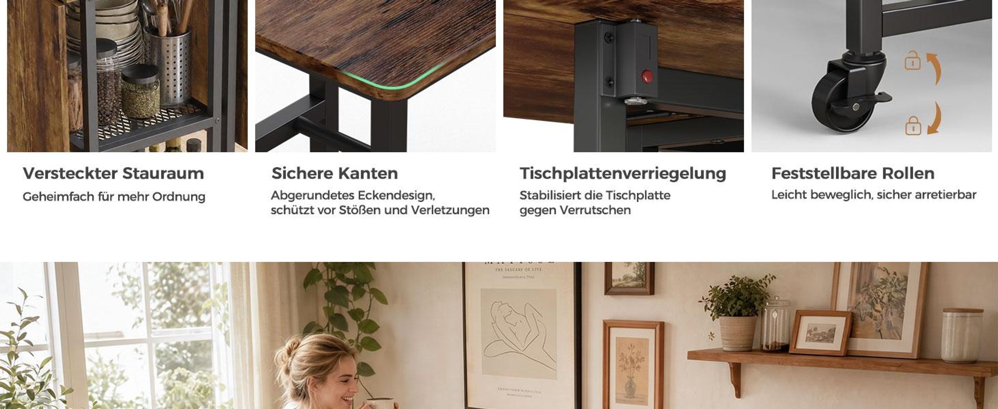 Mondeer Faltbarer Tisch mit 4 Hockern und Ablageflächen, mobiles Ess-Set mit 6 Rollen für Küche & Wohnzimmer 120x70x75cm Rustikales Braun