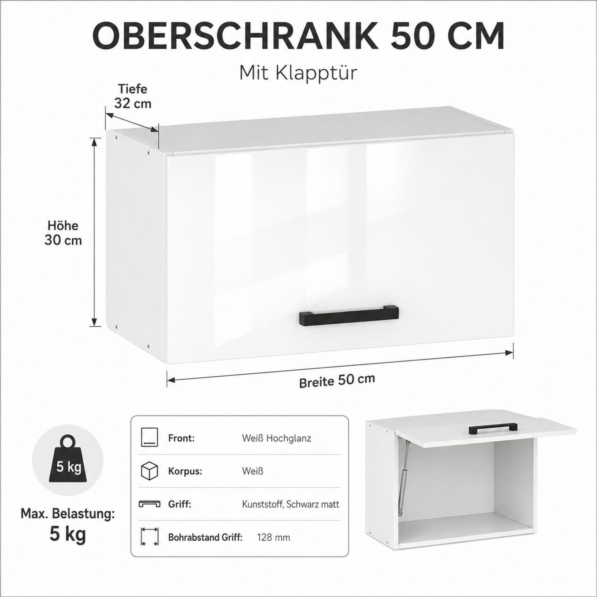 Dunstabzugsschrank 50 cm Weiß Hochglanz: Übersicht zu Front, Klapptür & Montageschiene.