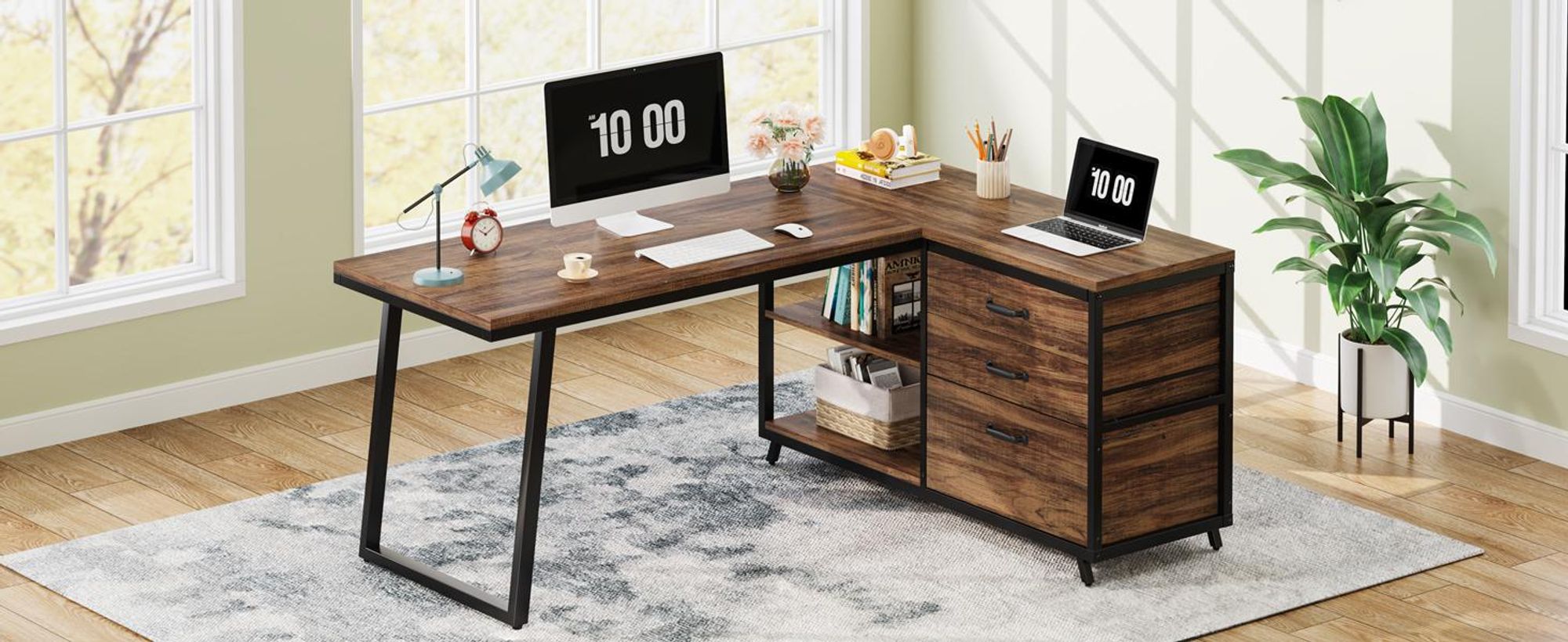 Tribesigns L-förmiger Computertisch mit 3 Schubladen, wendbarer Eckschreibtisch mit Regalen, 134 cm PC-Schreibtisch Studie Schreibtisch, braun