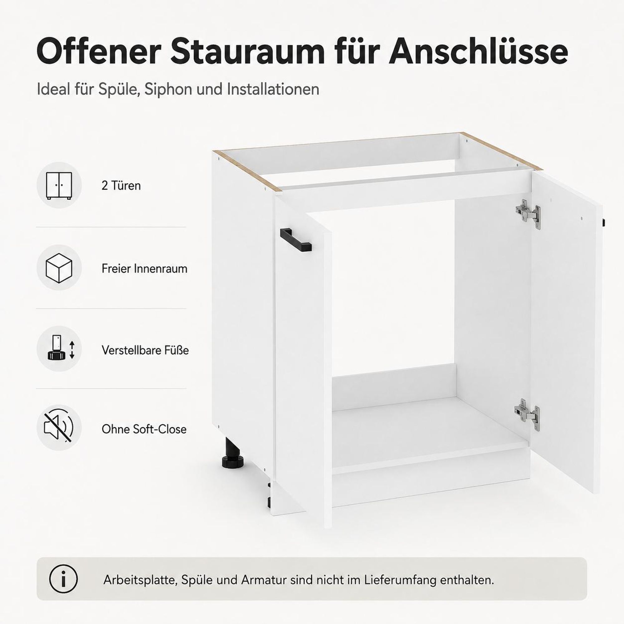 Spülenschrank 80 cm Weiß Matt: Offener Stauraum für Siphon & Anschlüsse.