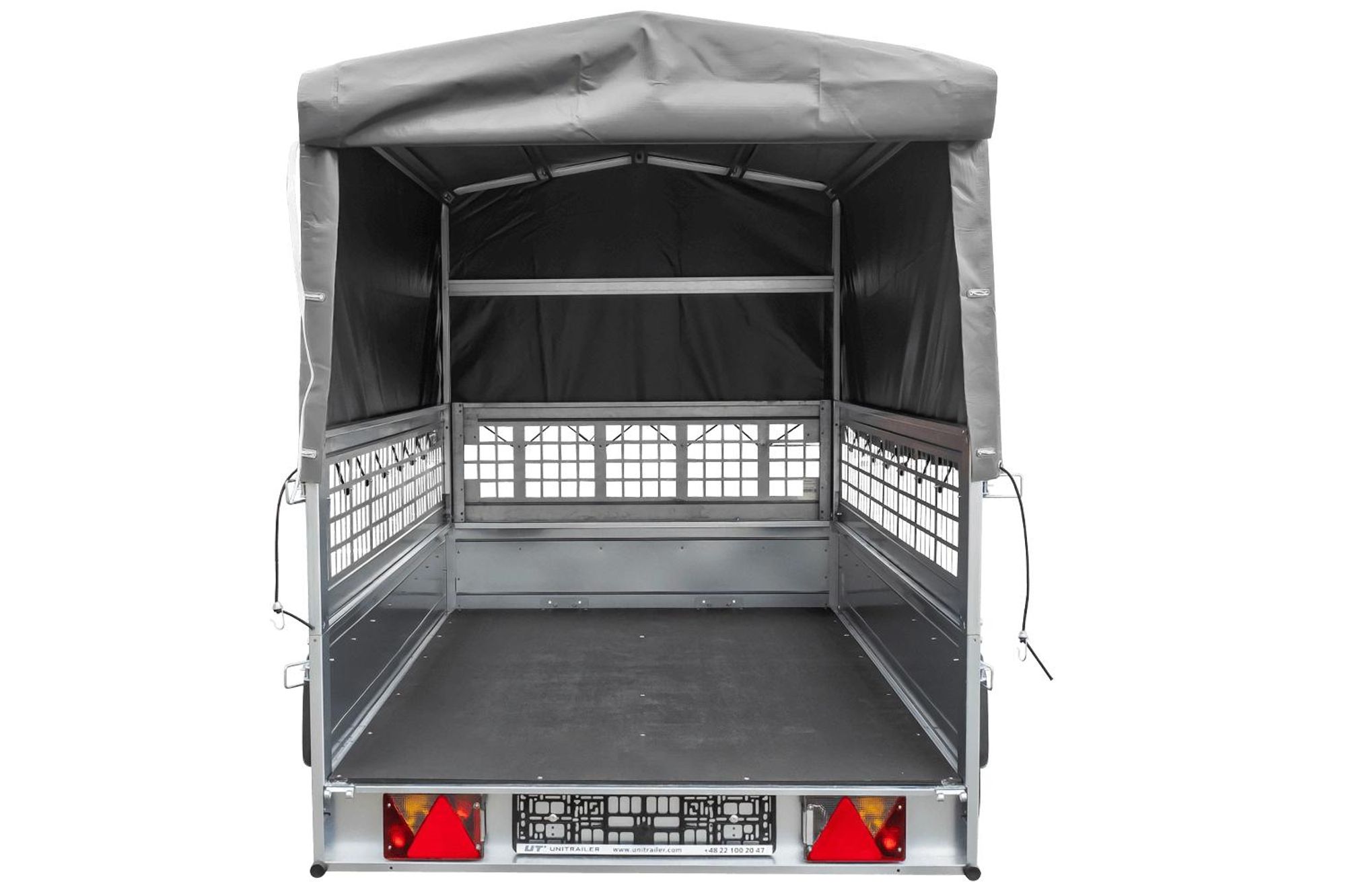 Přívěs za auto na pružinách 230x125 UNITRAILER GARDEN 230/R KIPP se síťovými stěnami, rámem H-800 a šedou plachtou