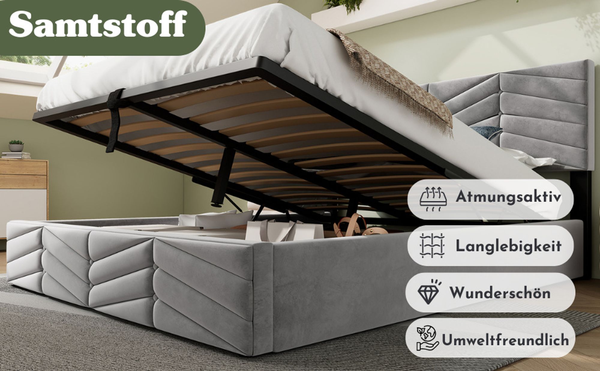 okwish Polsterbett 140 x 200 cm, Doppelbett, hydraulisches Bett, Samt, Streifenstil, Kontinentalbett, höhenverstellbares Kopfteil, grau