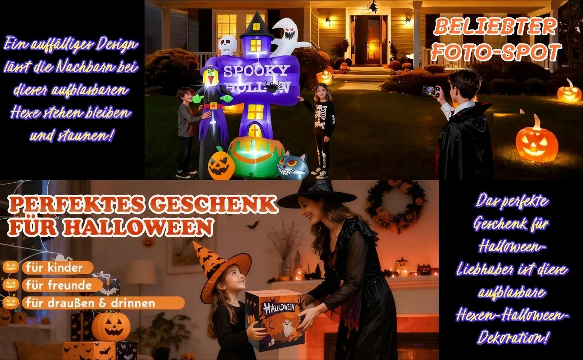 Halloween Aufblasbar Deko Outdoor 2,5M Terrible Geist mit LED-Lichtern, Totenkopf-Katze und Kürbis für Innen Außen Garten Party