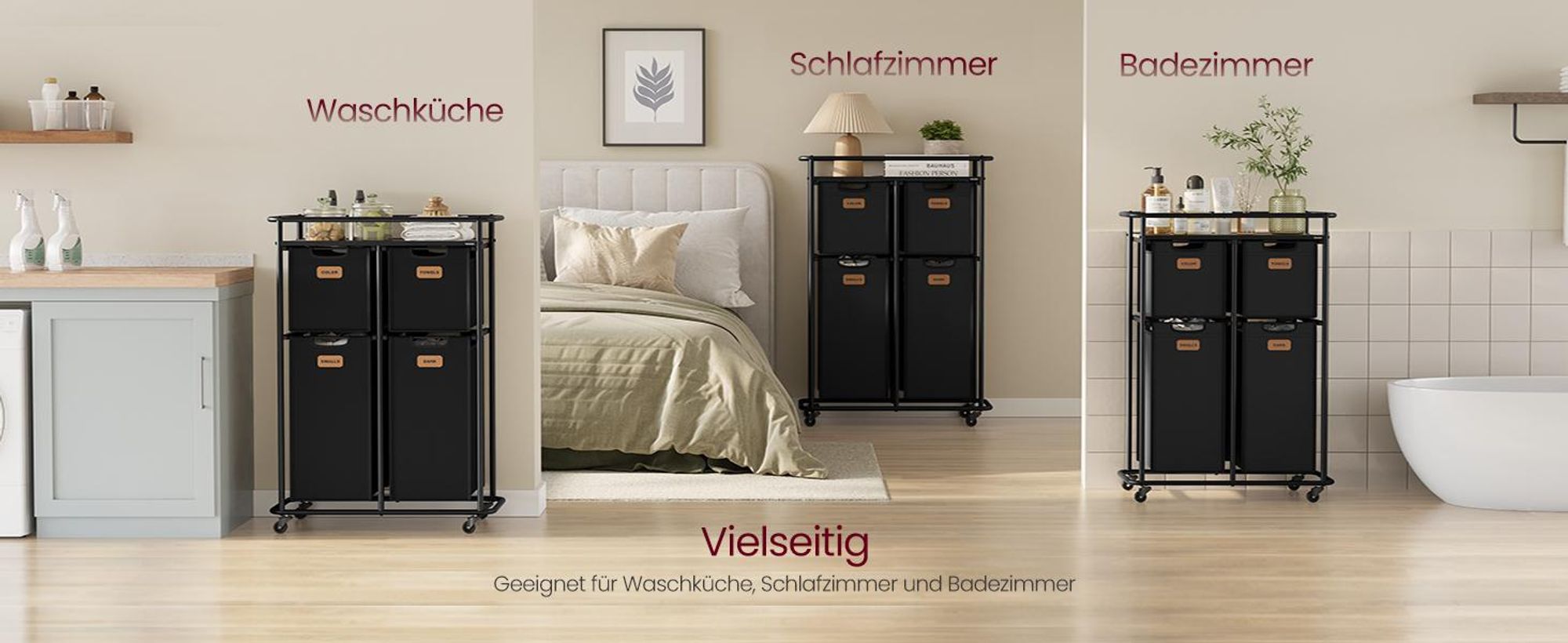 VASAGLE Wäschekörbe,Wäschetrenner mit Rädern,150 L, beweglicher mit Ablage